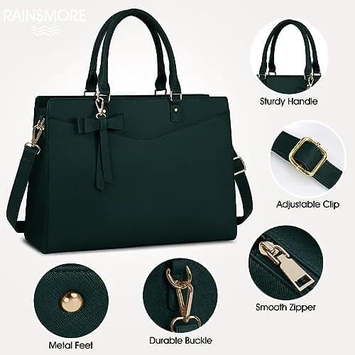 RAINSMORE Dark Green Handbag for Women 15.6 Inch Laptop Tote Bag | Waterproof Business Work Briefcase thumbnail 5