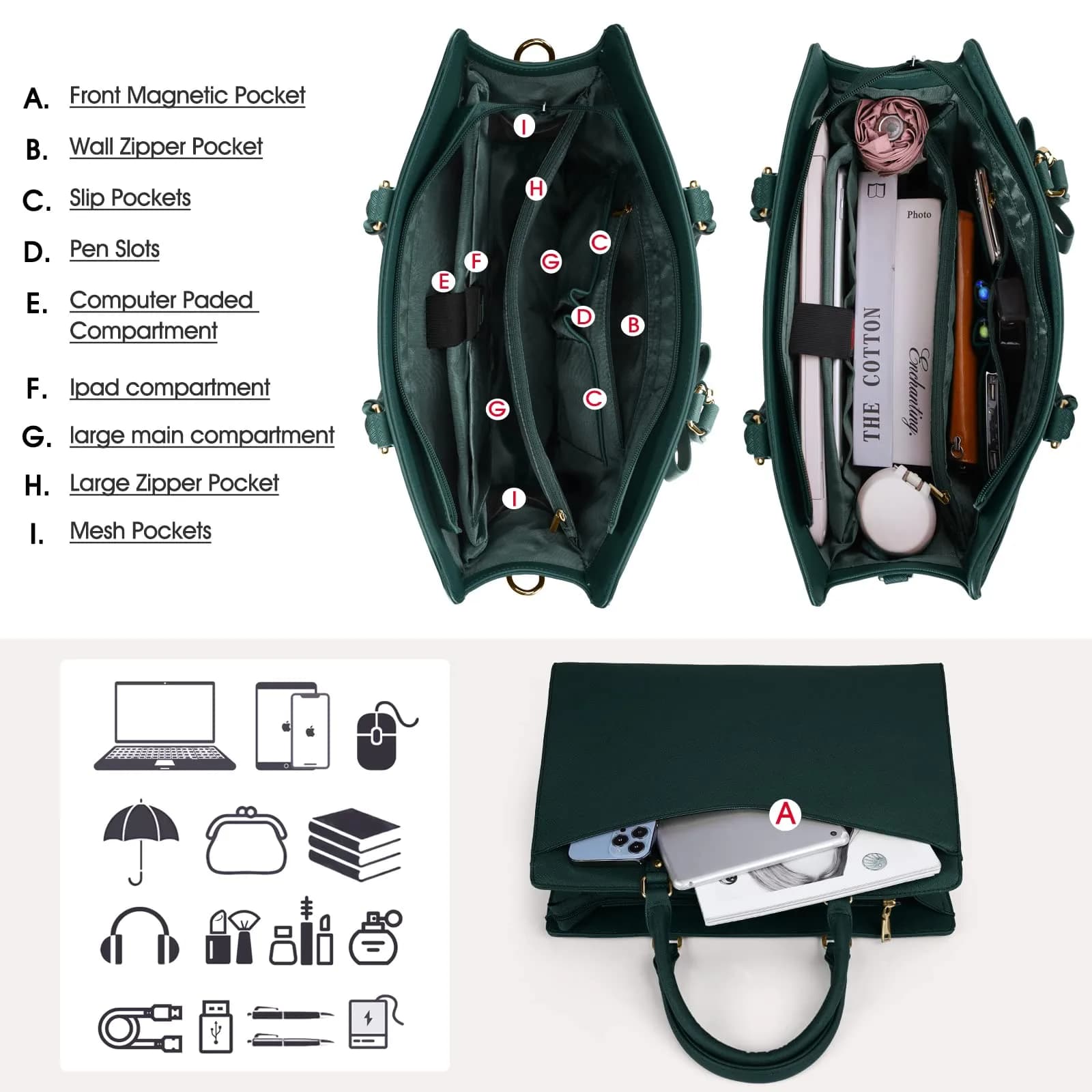 RAINSMORE Dark Green Handbag for Women 15.6 Inch Laptop Tote Bag | Waterproof Business Work Briefcase - view 6
