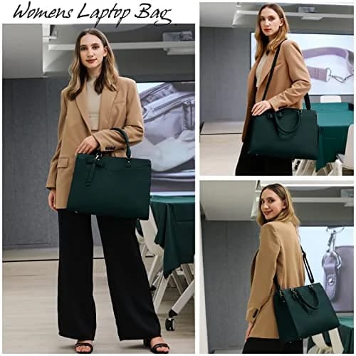 RAINSMORE Dark Green Handbag for Women 15.6 Inch Laptop Tote Bag | Waterproof Business Work Briefcase thumbnail 2