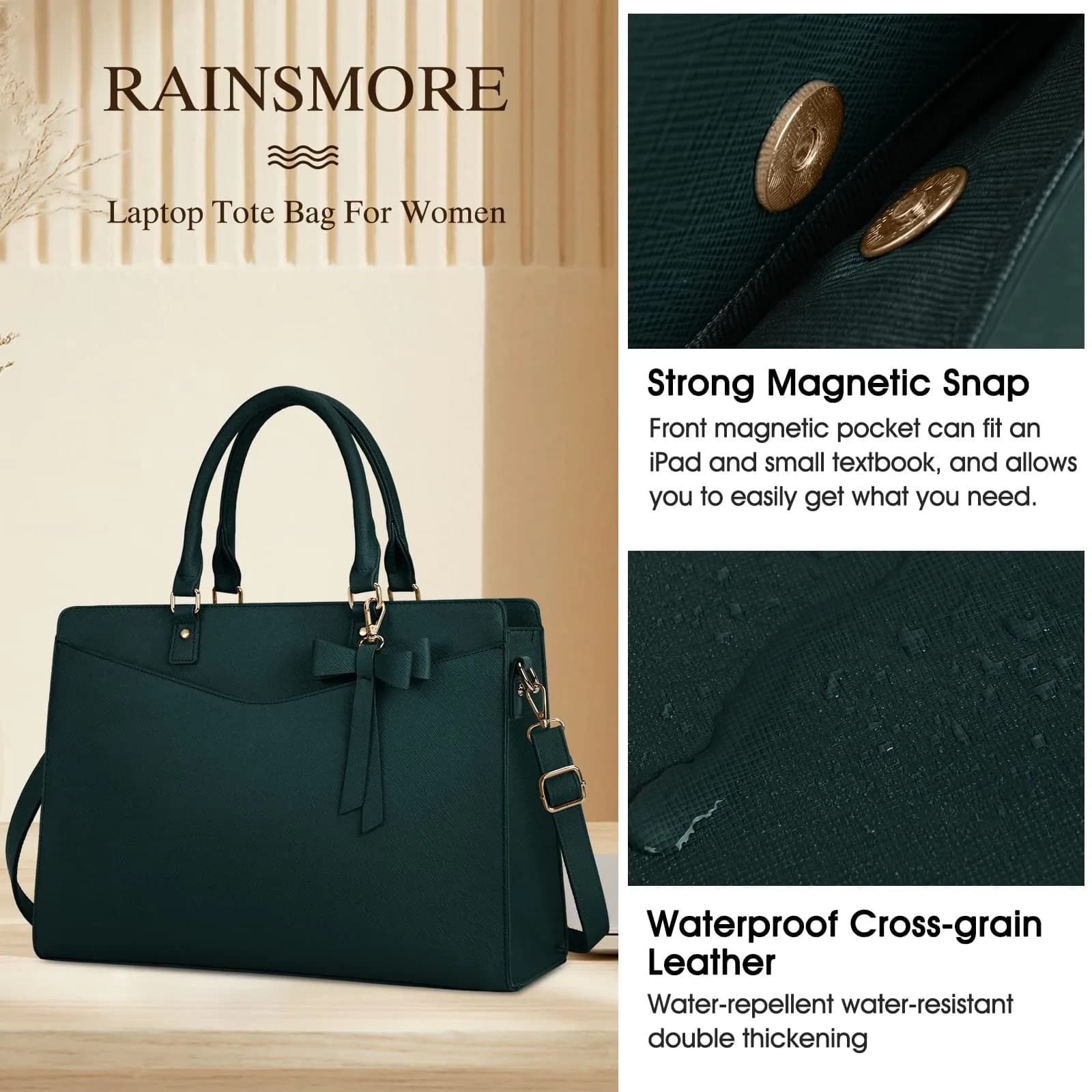 RAINSMORE Dark Green Handbag for Women 15.6 Inch Laptop Tote Bag | Waterproof Business Work Briefcase - view 4