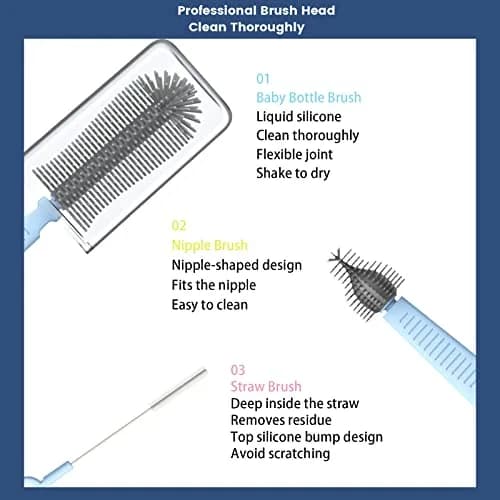 Augensterm Travel Bottle Cleaner Kit, Silicone Baby Bottle Brush Set with Extendable Handle, Drying Rack, Nipple & Straw Brushes, Soap Dispenser, Blue thumbnail 3