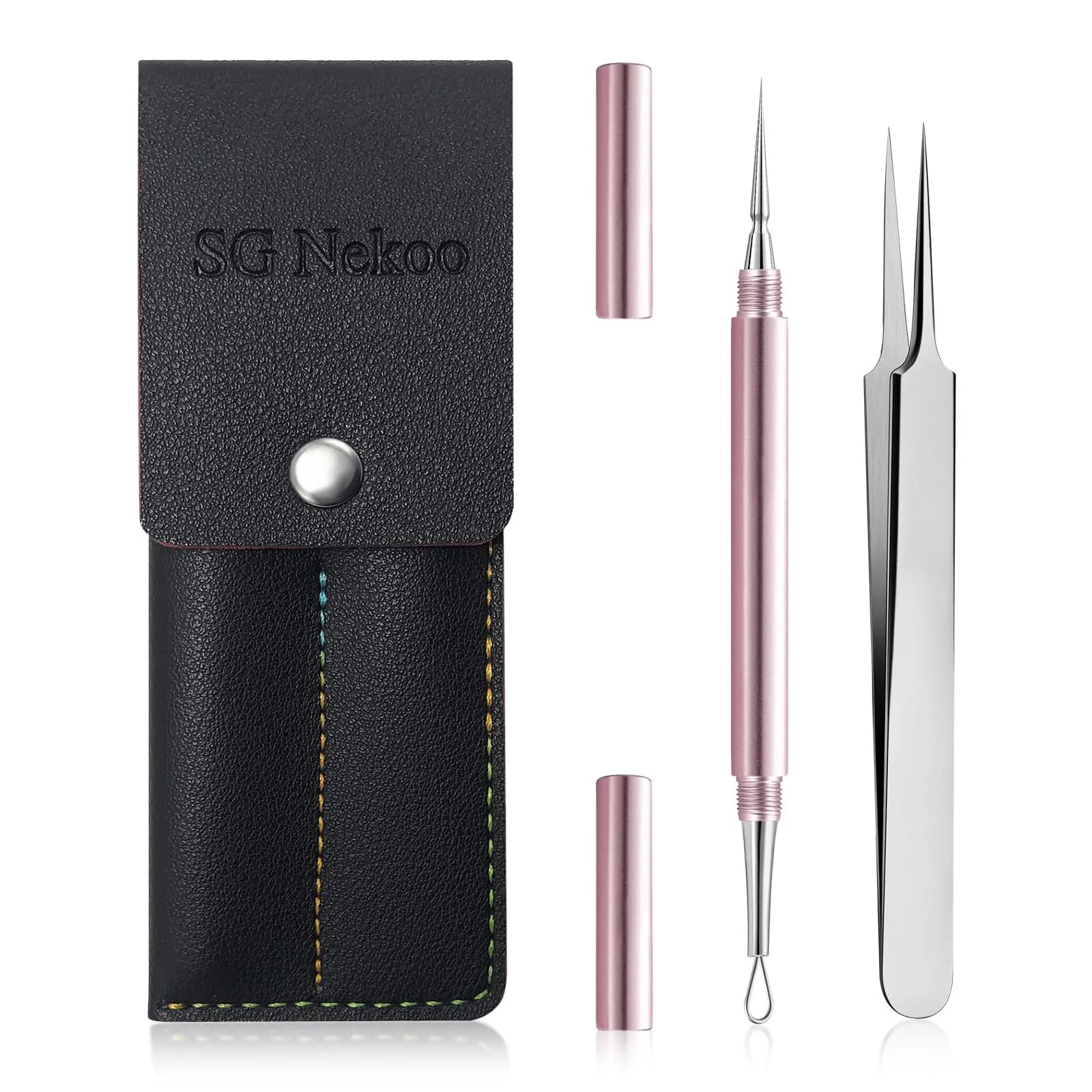 SG Nekoo Professional Milia & Whitehead Extractor Tool Kit with Tweezers | Stainless Pink (14cm Needle, 11.7cm Tweezers)