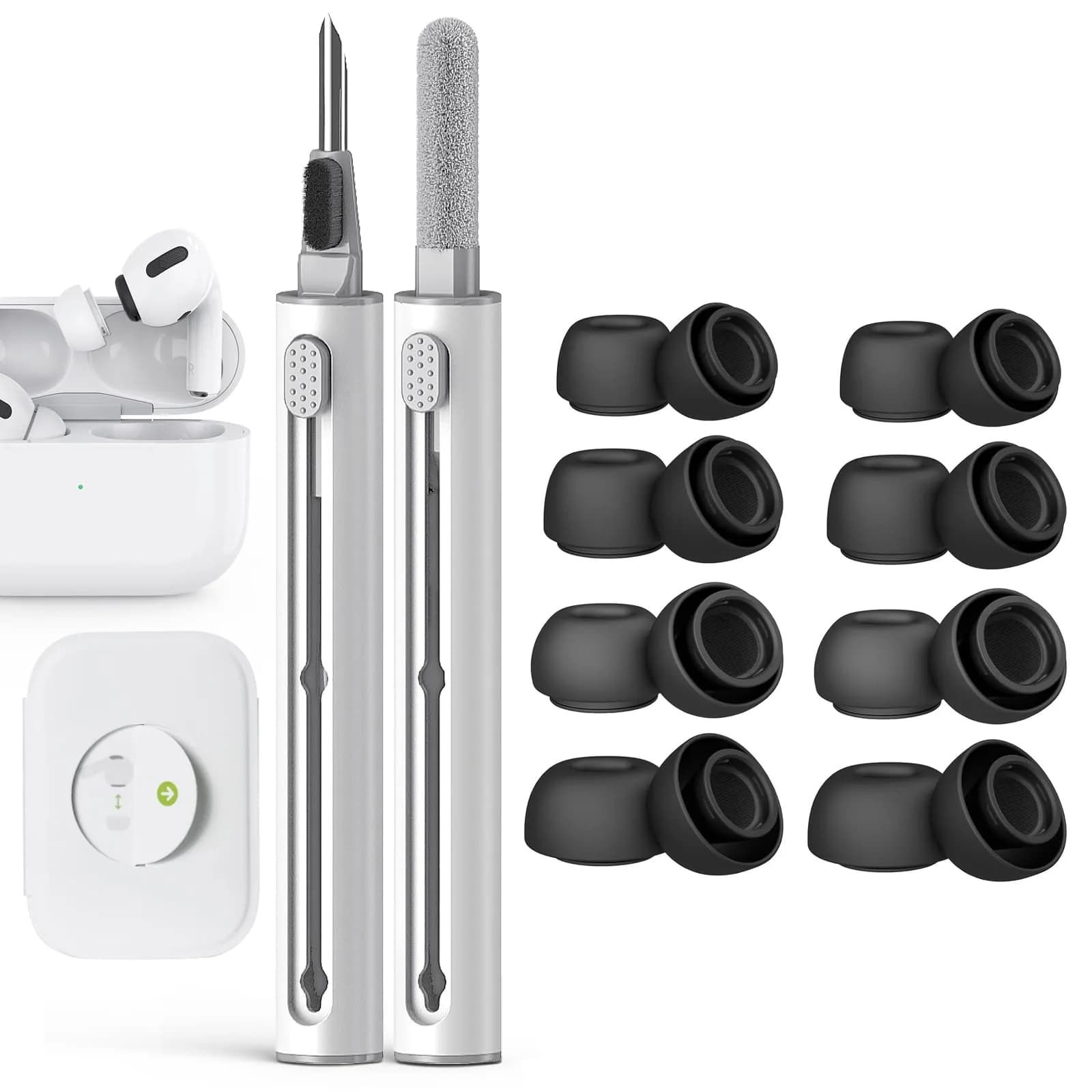 Pohgelan Replacement Ear Tips for AirPods Pro 2nd/1st Generation (XS/S/M/L, 8 Pairs Black) | Noise Reduction Holes & Dust Guard Screen — 16/Black