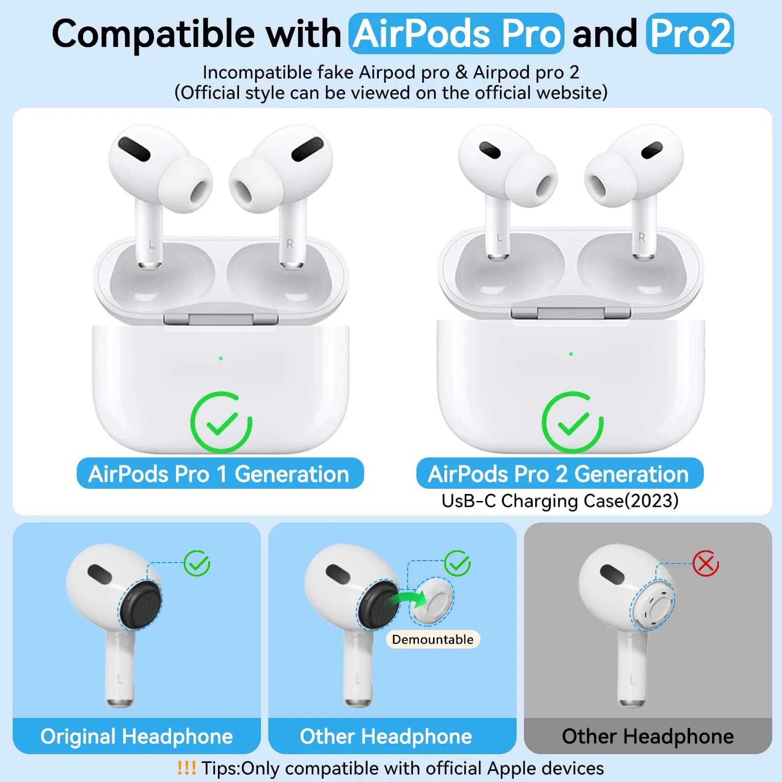 Pohgelan Black Replacement Ear Tips for AirPods Pro 2nd/1st Gen (XS/S/M/L) | Noise Reduction Holes & Dust Guard Screen - view 5