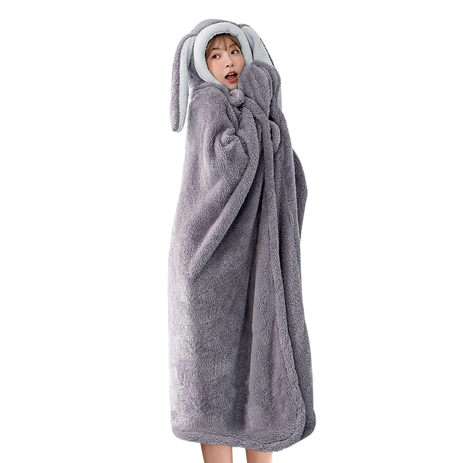 Holiberty Hooded Blanket Poncho 59x43 inch | Cozy Bunny Ears Winter Wear for Adults & Kids — Gray