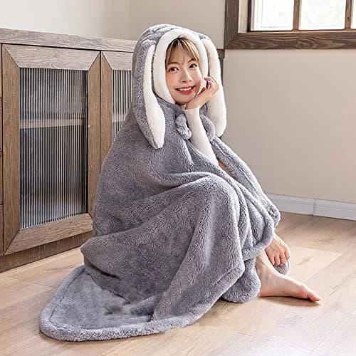 Holiberty Hooded Blanket Poncho 59x43 inch | Cozy Bunny Ears Winter Wear for Adults & Kids thumbnail 5