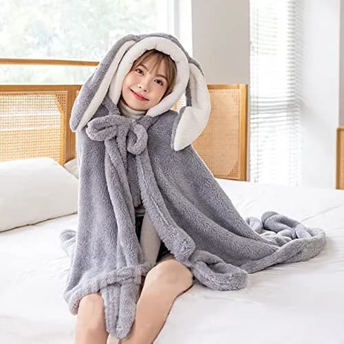 Holiberty Hooded Blanket Poncho 59x43 inch | Cozy Bunny Ears Winter Wear for Adults & Kids thumbnail 3