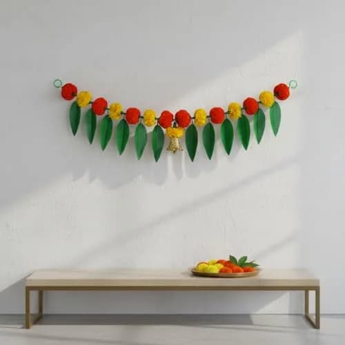 iHandikart Artificial Marigold Flowers with Mango Leaf Door Hanging Bandanwar 96cm (38 Inch) | Pack of 2 Yellow & Dark Orange thumbnail 4