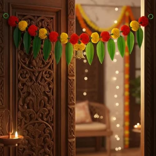 iHandikart Artificial Marigold Flowers with Mango Leaf Door Hanging Bandanwar 96cm (38 Inch) | Pack of 2 Yellow & Dark Orange thumbnail 6