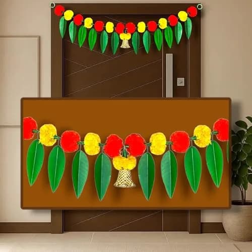 iHandikart Artificial Marigold Flowers with Mango Leaf Door Hanging Bandanwar 96cm (38 Inch) | Pack of 2 Yellow & Dark Orange thumbnail 1