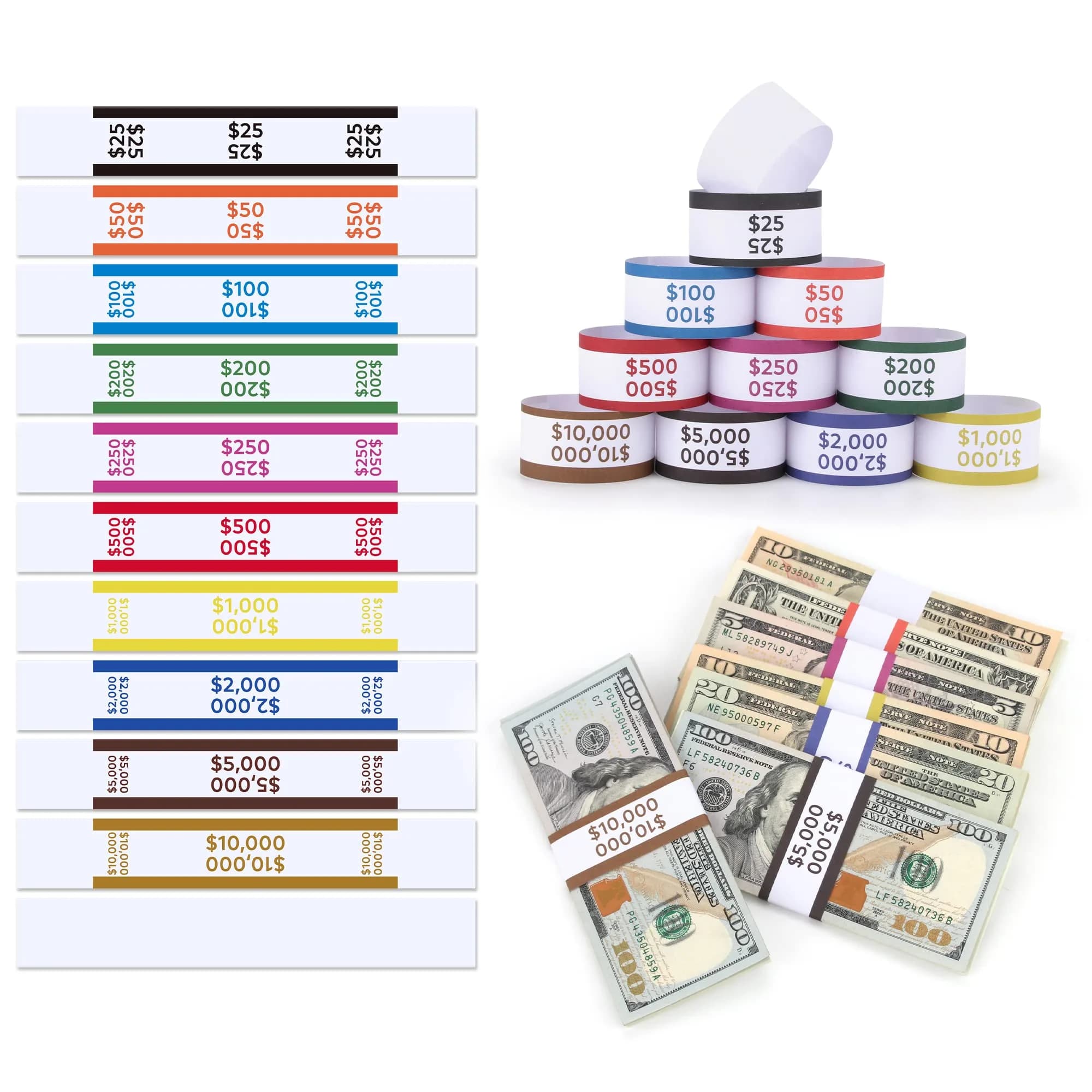 PONNOR 550 Pack Currency Bands for Cash | Self-Adhesive Money Wrappers for Bills, 11 Colors, 7.6 x 1.15 inches — 550-Assorted