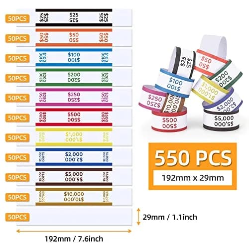 PONNOR 550 Pack Currency Bands for Cash | Self-Adhesive Money Wrappers for Bills, 11 Colors, 7.6 x 1.15 inches thumbnail 2