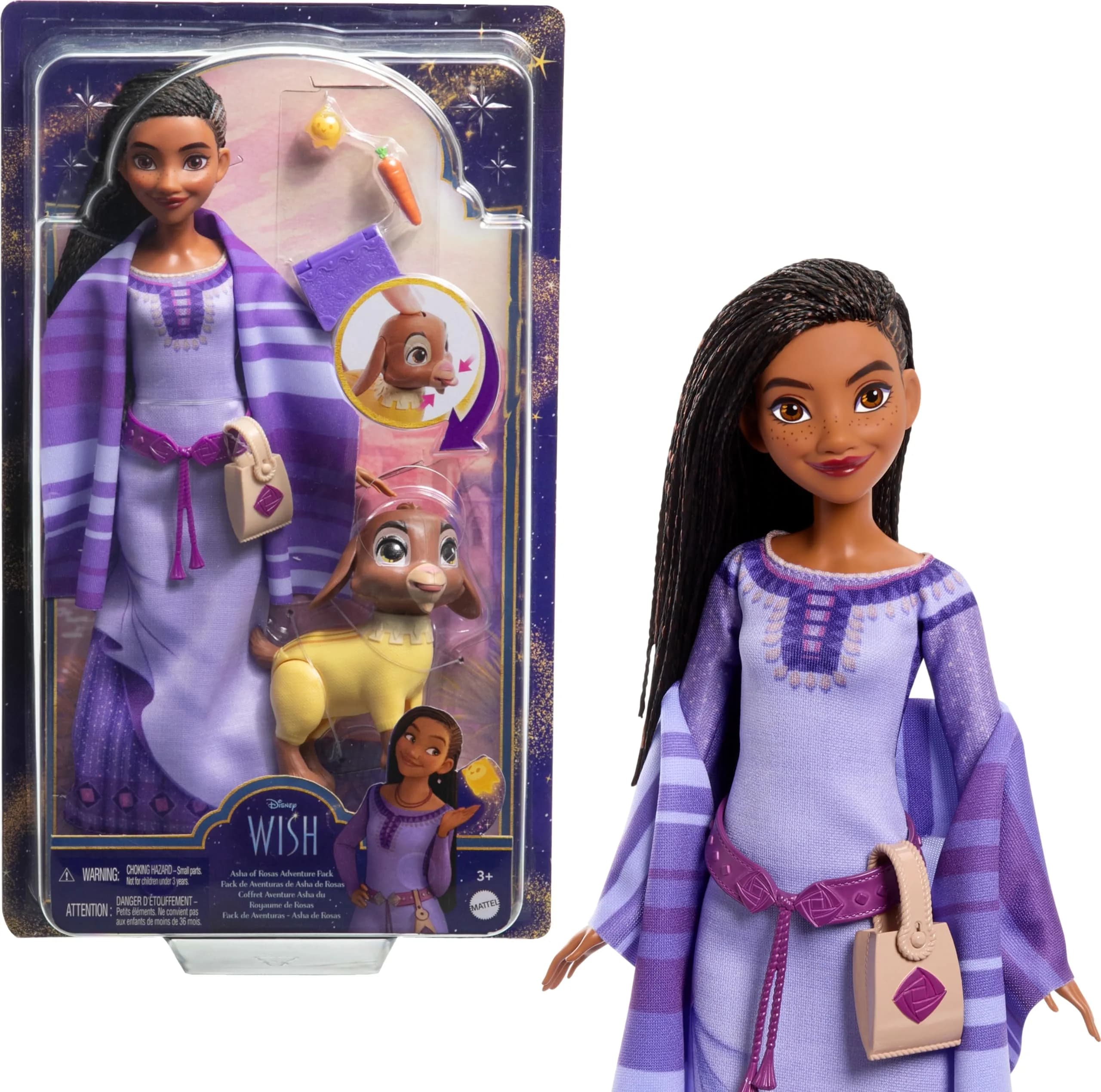 Mattel Disney Wish Asha of Rosas Adventure Pack Doll with Valentino & Star, Ages 3+ — Purple