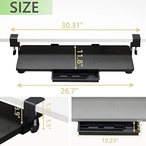 ETHU Under Desk Keyboard Tray with C-Clamp, 26.77x11.81" (68cm x 30cm) Black | Ergonomic Sliding Computer Keyboard Stand for Home and Office thumbnail 5