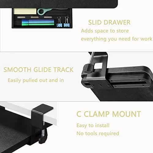 ETHU Under Desk Keyboard Tray with C-Clamp, 26.77x11.81" (68cm x 30cm) Black | Ergonomic Sliding Computer Keyboard Stand for Home and Office thumbnail 3