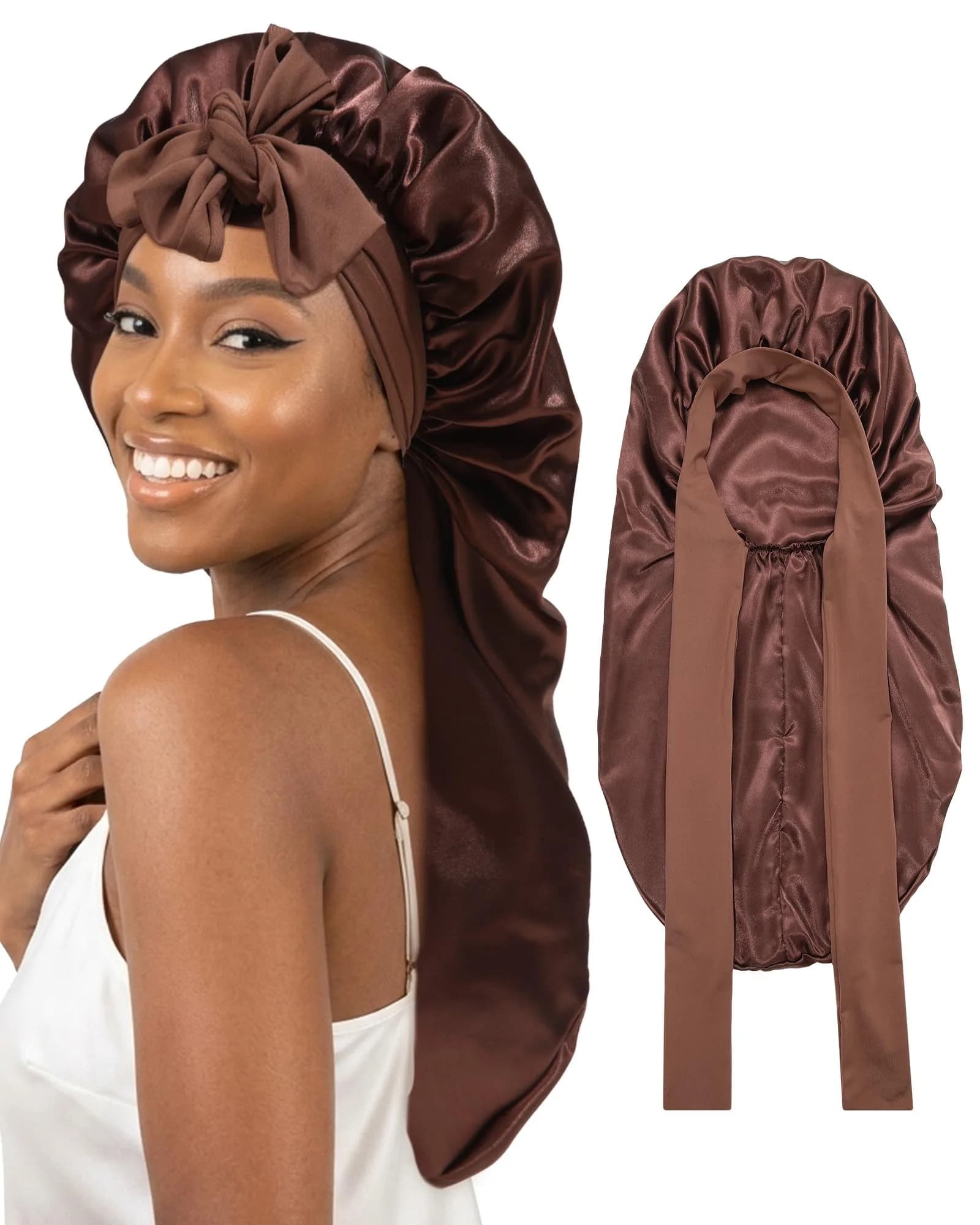 AWAYTR Long Satin Bonnet for Braids - Double Layer Hair Bonnet with Straps, 27in (68cm) | Stays On All Night - main product image