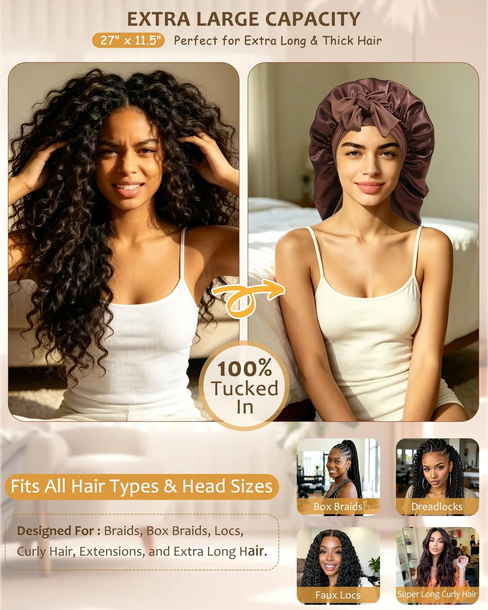 AWAYTR Long Satin Bonnet for Braids - Double Layer Hair Bonnet with Straps, 27in (68cm) | Stays On All Night - view 2