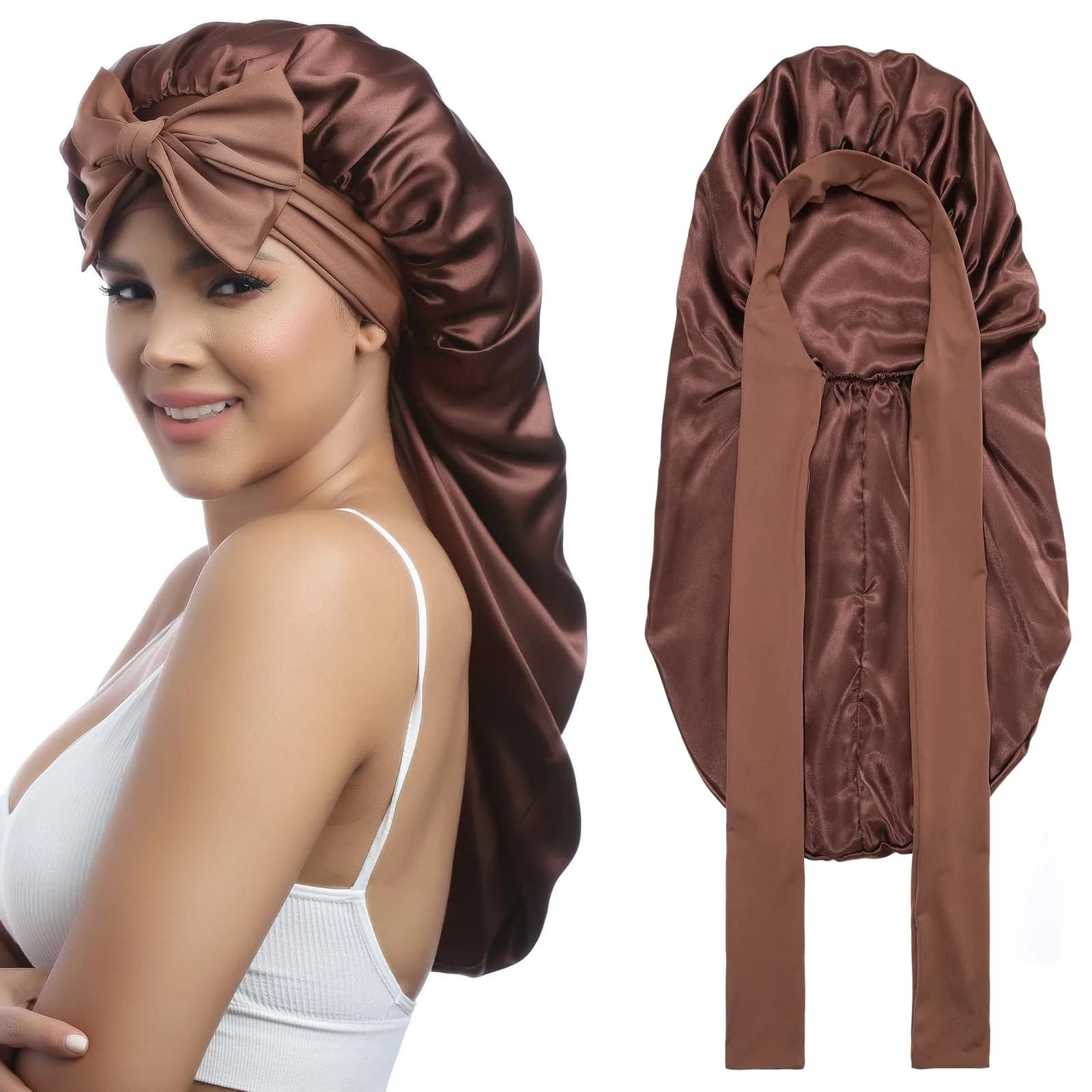 AWAYTR Long Satin Bonnet for Braids - Double Layer Hair Bonnet with Straps, 27in (68cm) | Stays On All Night — Brown