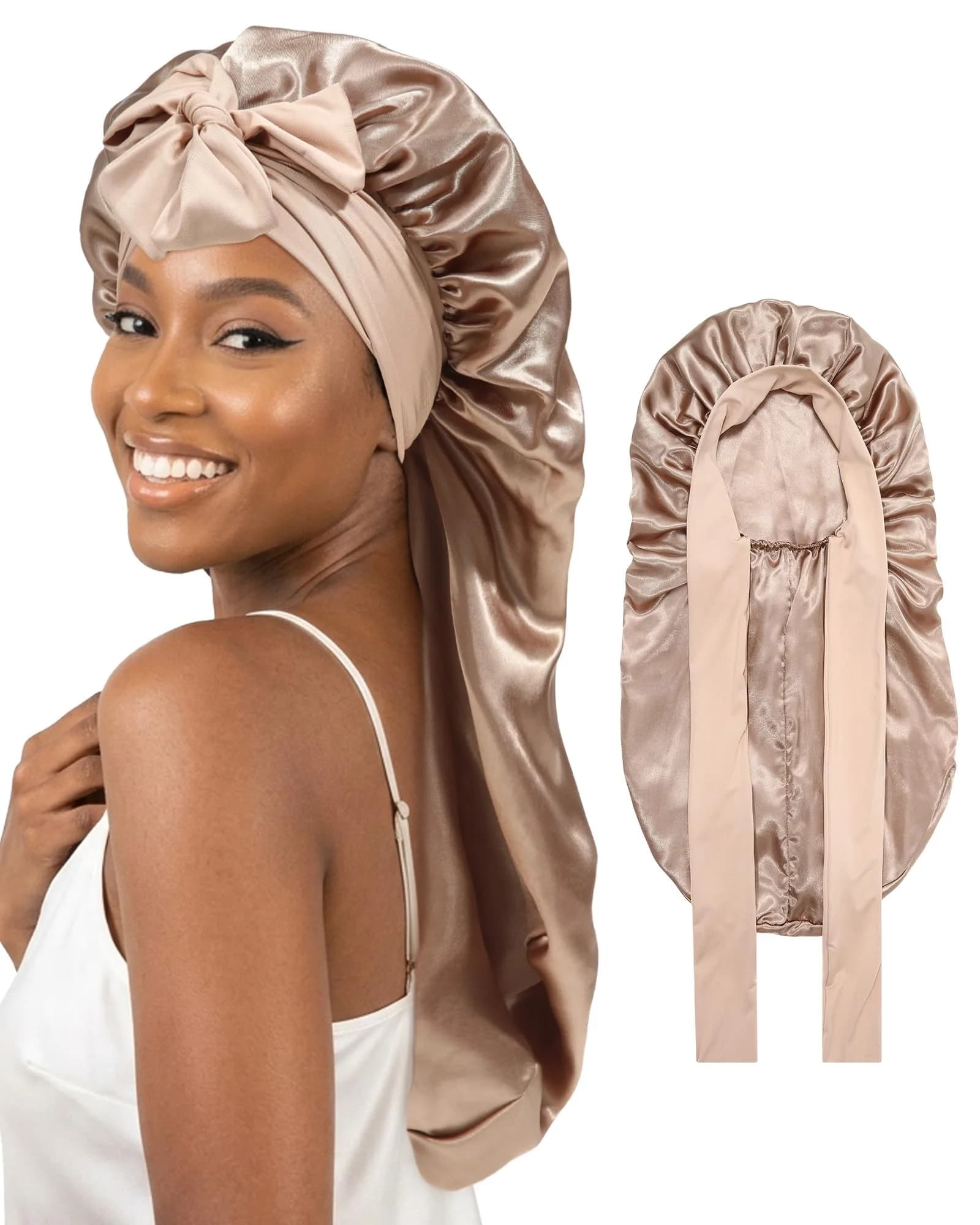 AWAYTR Long Satin Bonnet for Braids - Double Layer Hair Bonnet with Straps, 27in (68cm) | Stays On All Night - main product image