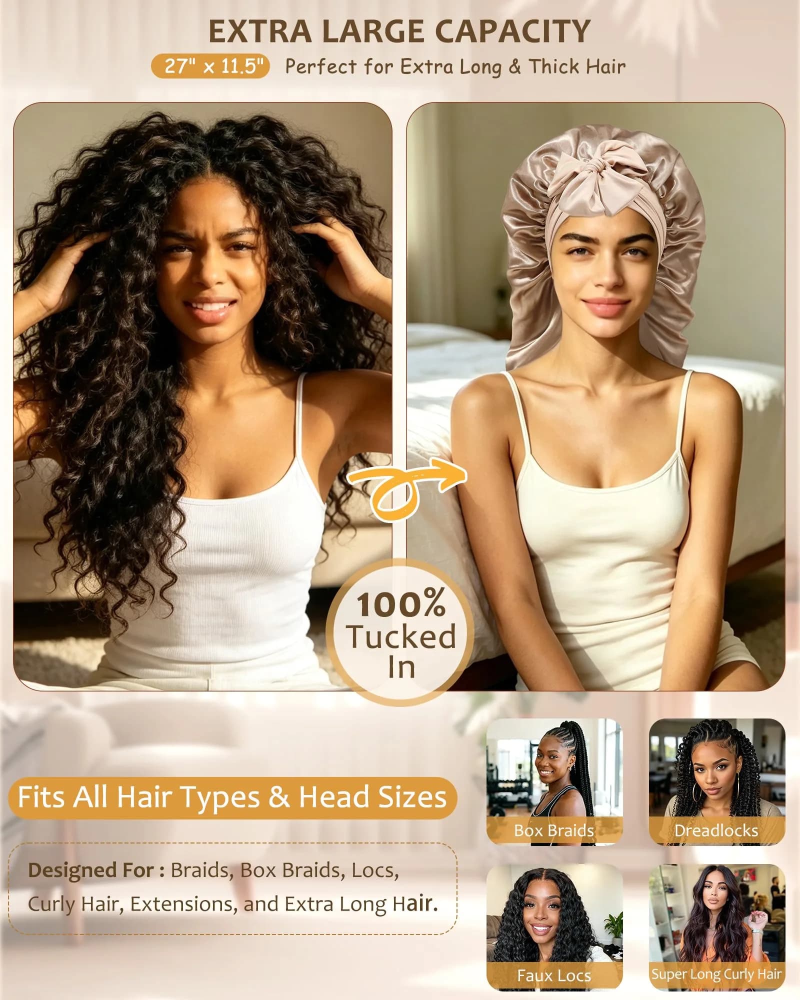 AWAYTR Long Satin Bonnet for Braids - Double Layer Hair Bonnet with Straps, 27in (68cm) | Stays On All Night - view 2