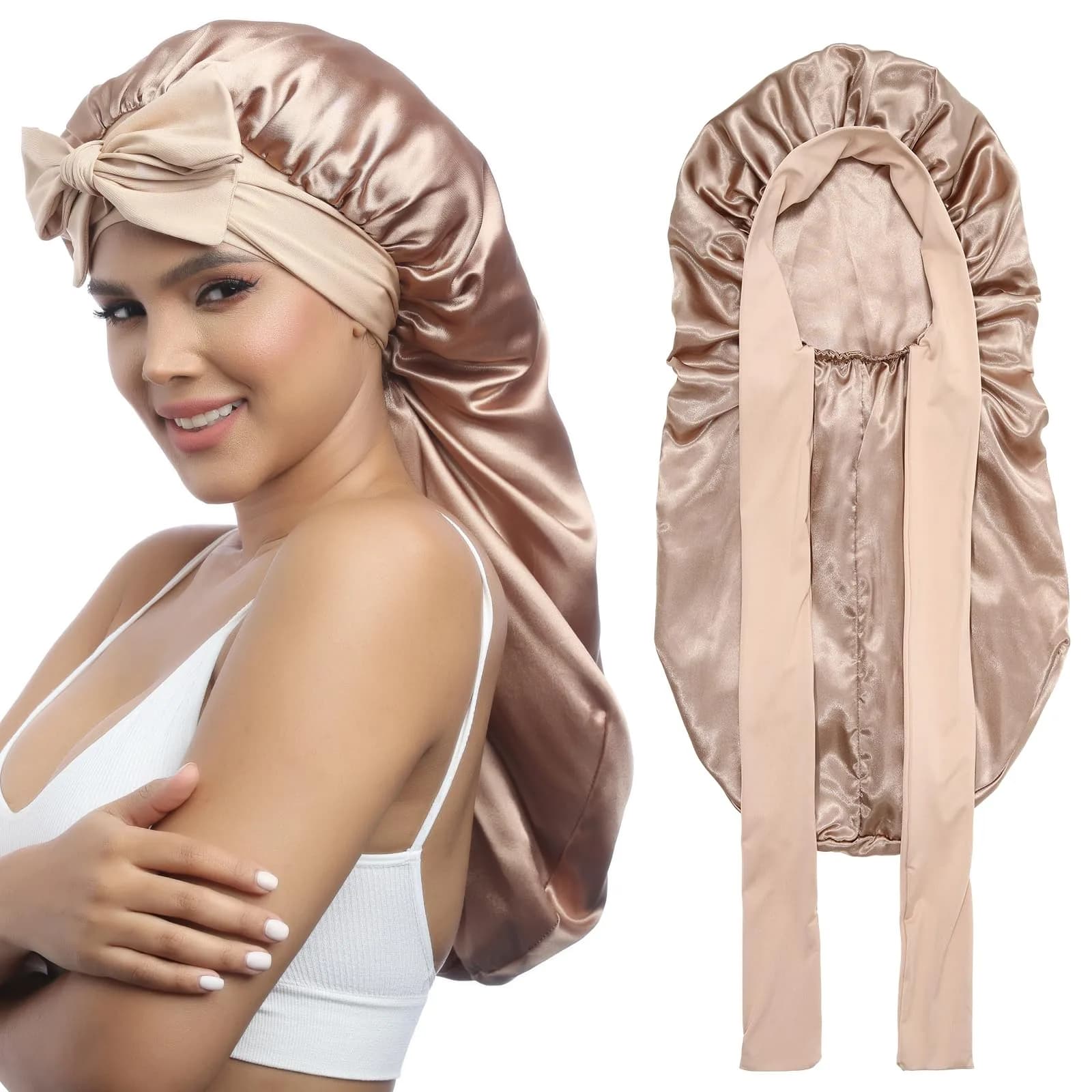 AWAYTR Long Satin Bonnet for Braids - Double Layer Hair Bonnet with Straps, 27in (68cm) | Stays On All Night — Champagne