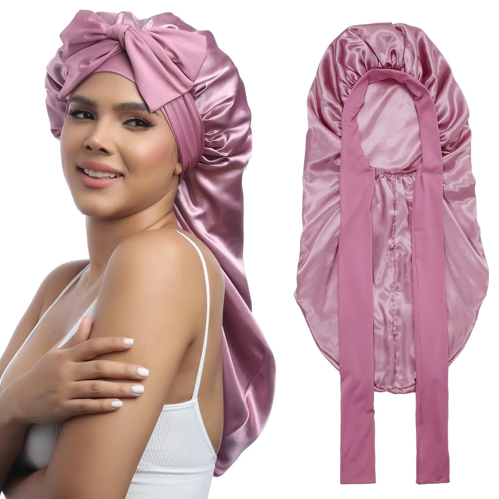 AWAYTR Long Satin Bonnet for Braids - Double Layer Hair Bonnet for Sleeping, 68cm (27in) - main product image