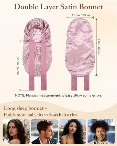 AWAYTR Long Satin Bonnet for Braids - Double Layer Hair Bonnet for Sleeping, 68cm (27in) thumbnail 5