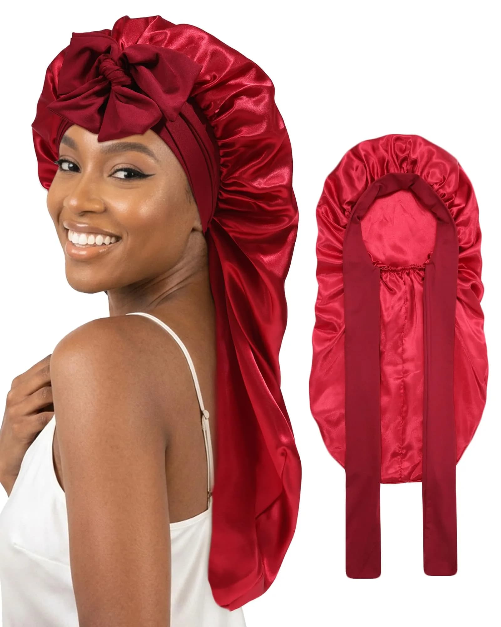 AWAYTR Long Satin Bonnet for Braids - Double Layer Hair Bonnet for Sleeping, 68cm (27in) Wine Red - main product image