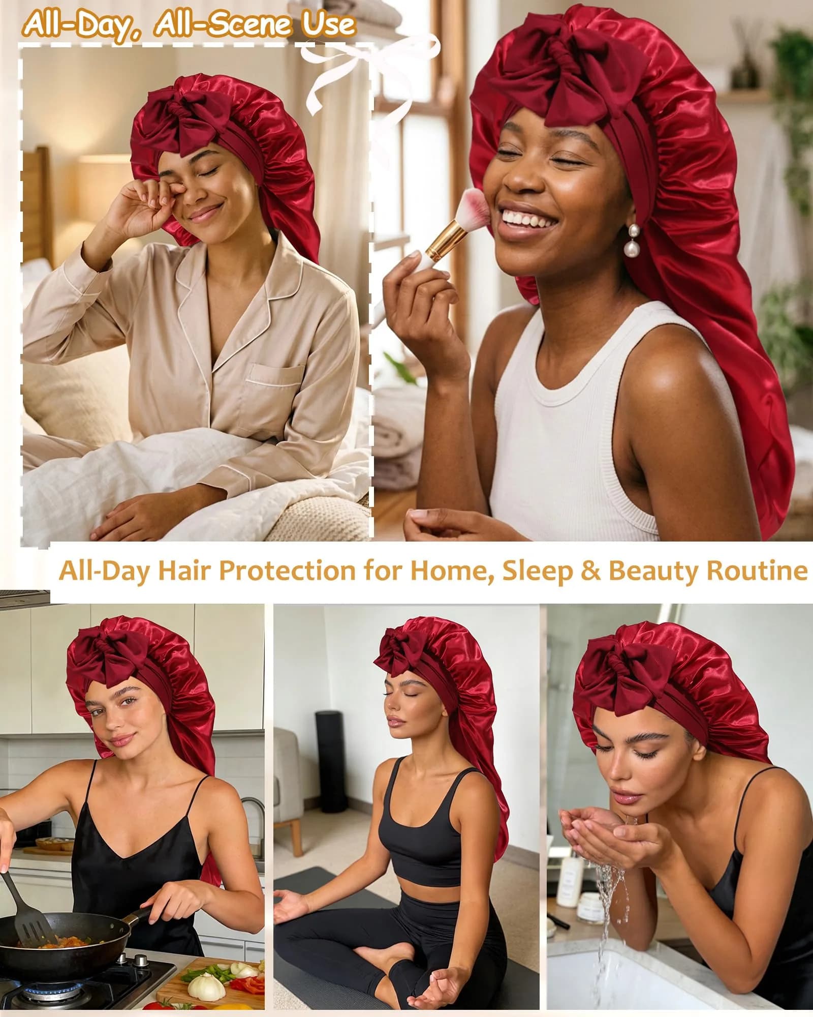AWAYTR Long Satin Bonnet for Braids - Double Layer Hair Bonnet for Sleeping, 68cm (27in) Wine Red - view 5