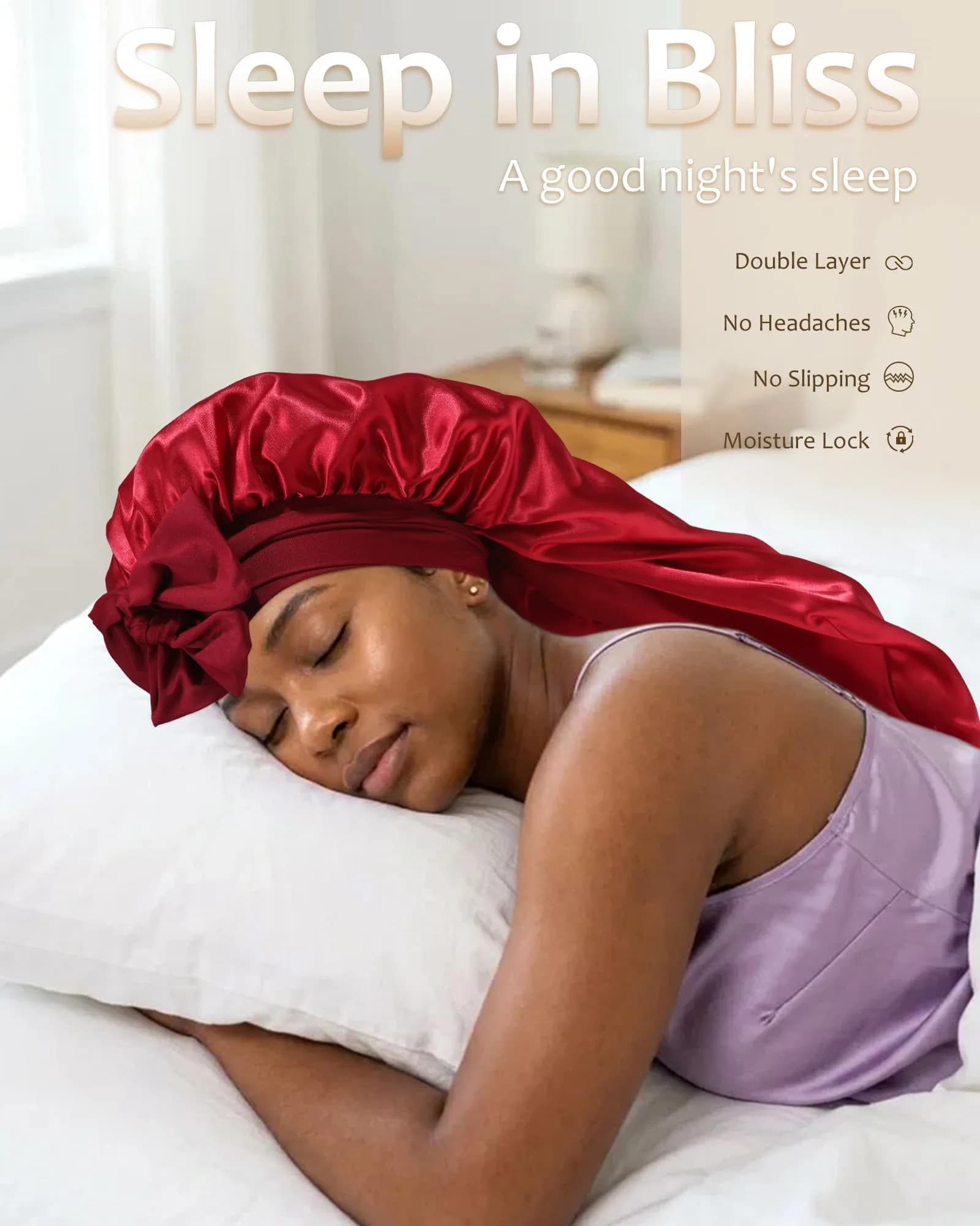 AWAYTR Long Satin Bonnet for Braids - Double Layer Hair Bonnet for Sleeping, 68cm (27in) Wine Red - view 6