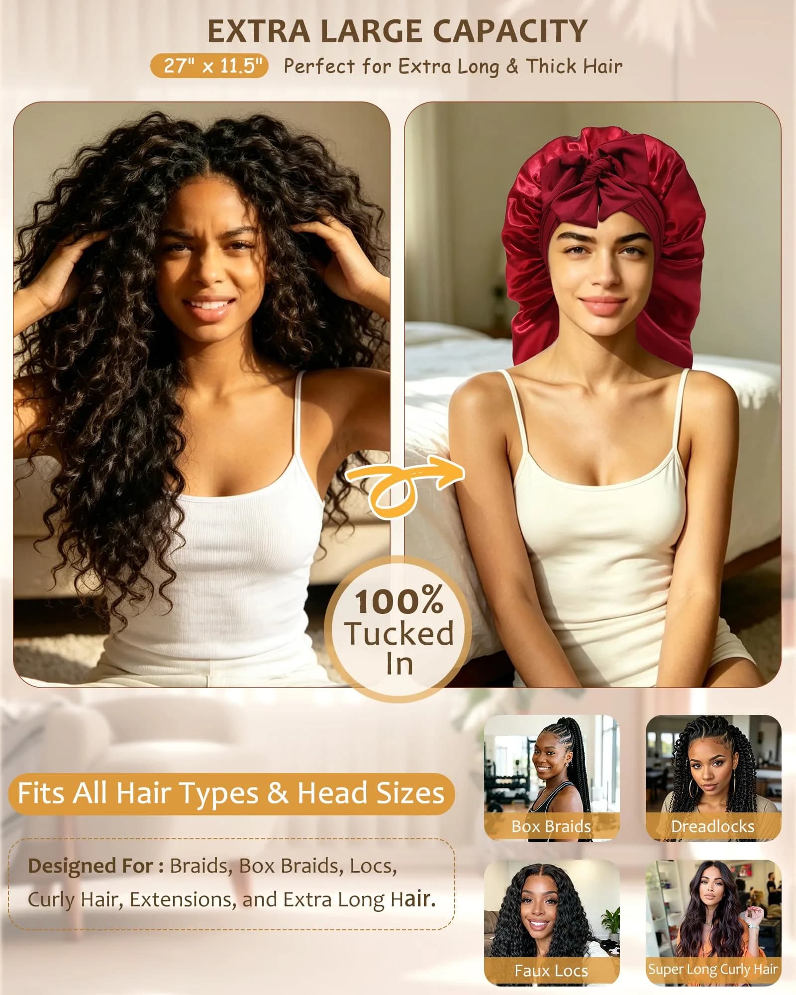 AWAYTR Long Satin Bonnet for Braids - Double Layer Hair Bonnet for Sleeping, 68cm (27in) Wine Red - view 2