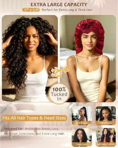 AWAYTR Long Satin Bonnet for Braids - Double Layer Hair Bonnet for Sleeping, 68cm (27in) Wine Red thumbnail 2