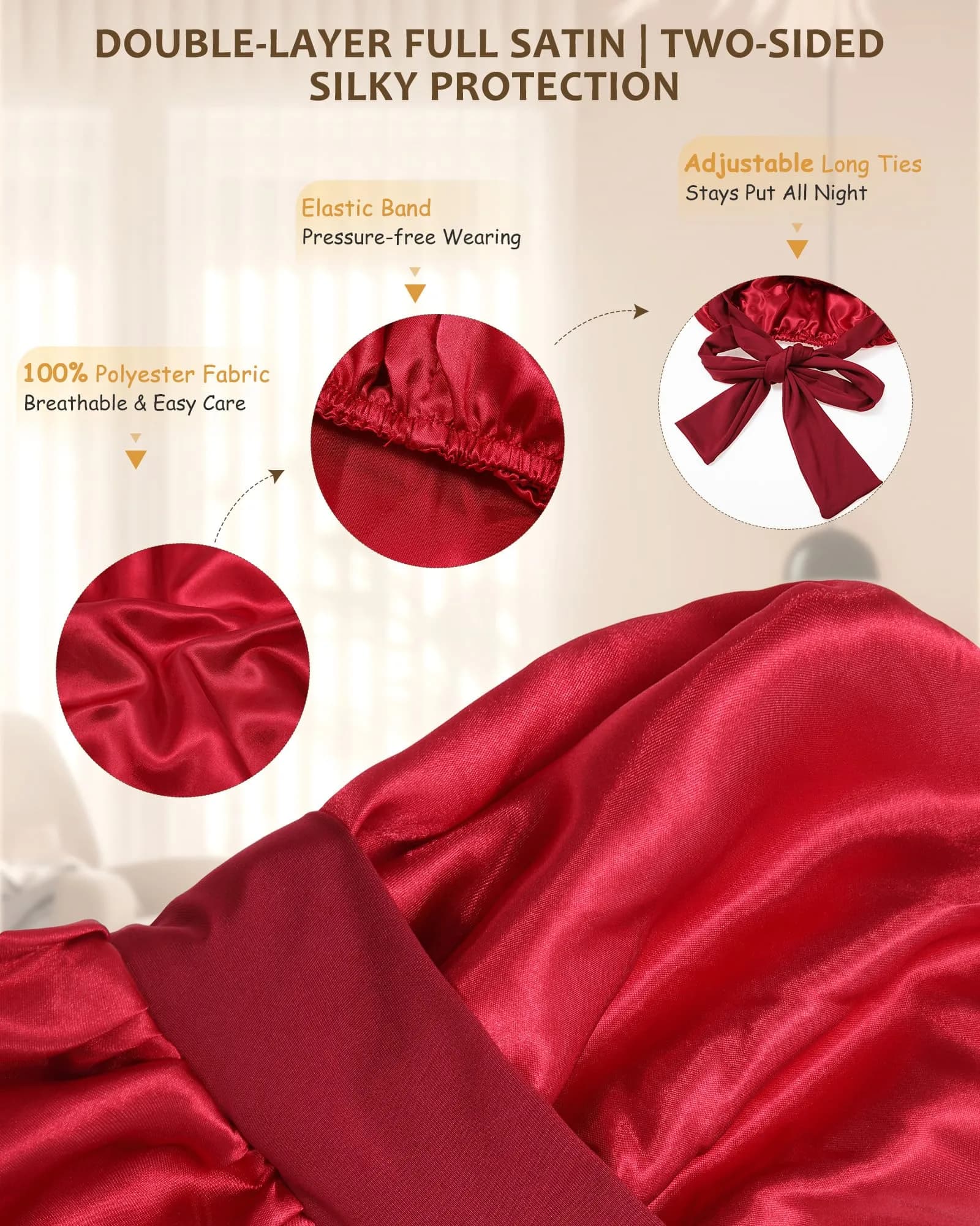AWAYTR Long Satin Bonnet for Braids - Double Layer Hair Bonnet for Sleeping, 68cm (27in) Wine Red - view 3