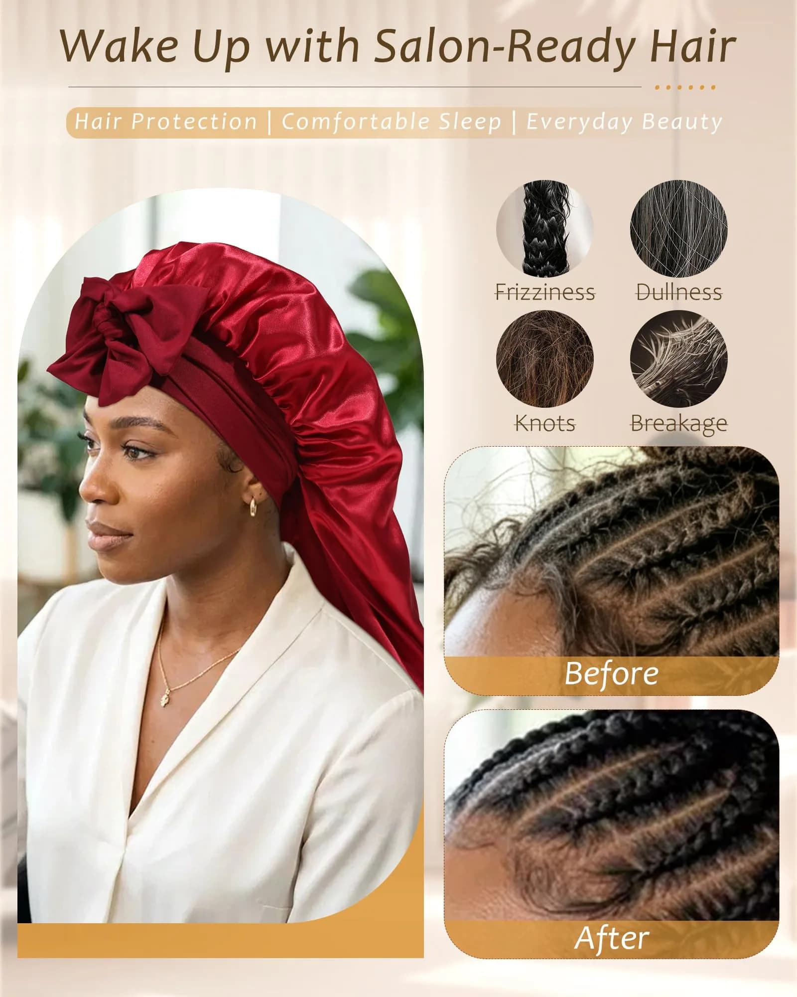 AWAYTR Long Satin Bonnet for Braids - Double Layer Hair Bonnet for Sleeping, 68cm (27in) Wine Red - view 4