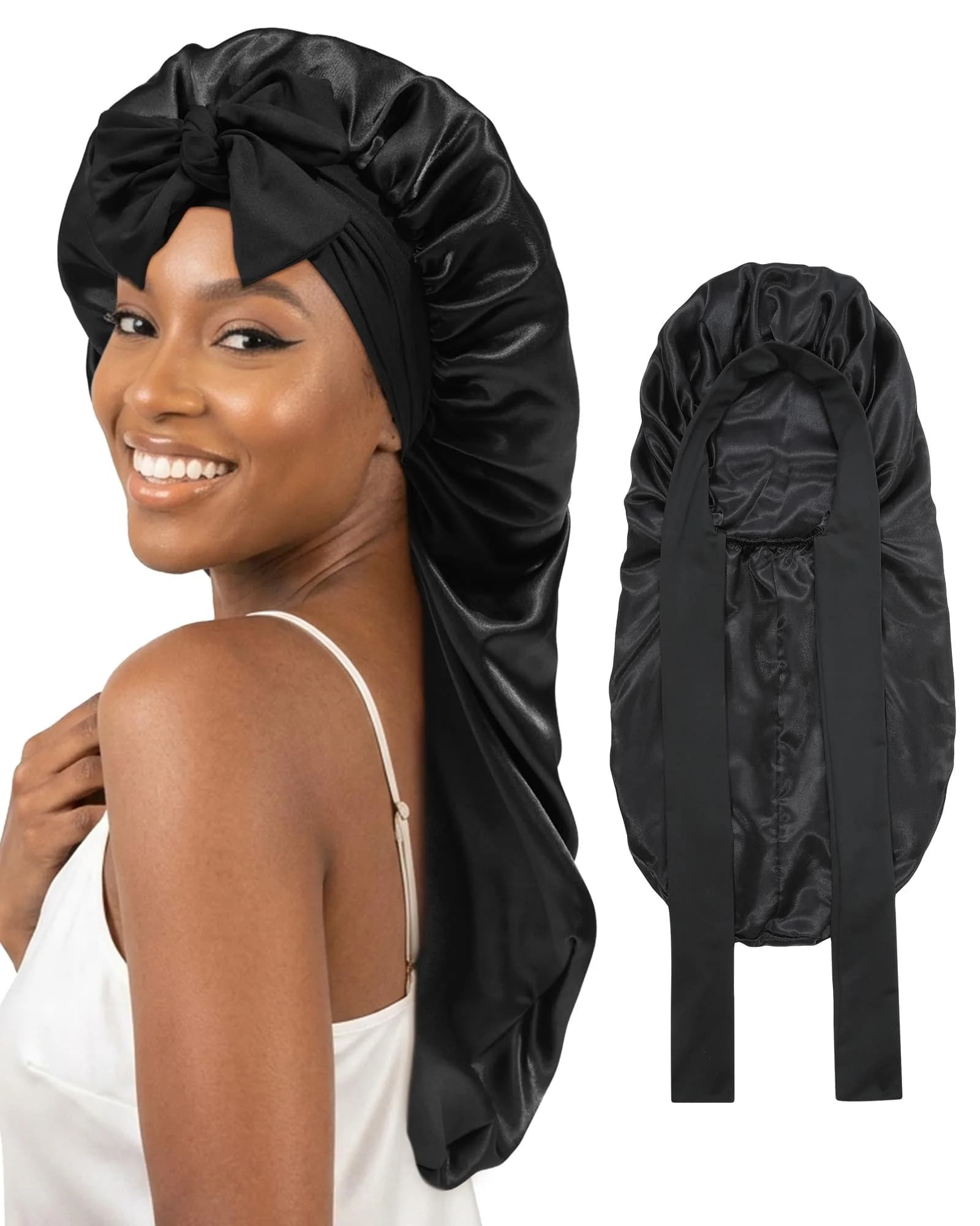 AWAYTR Black Long Satin Bonnet for Braids - Double Layer Hair Bonnet with Straps, 27in - main product image