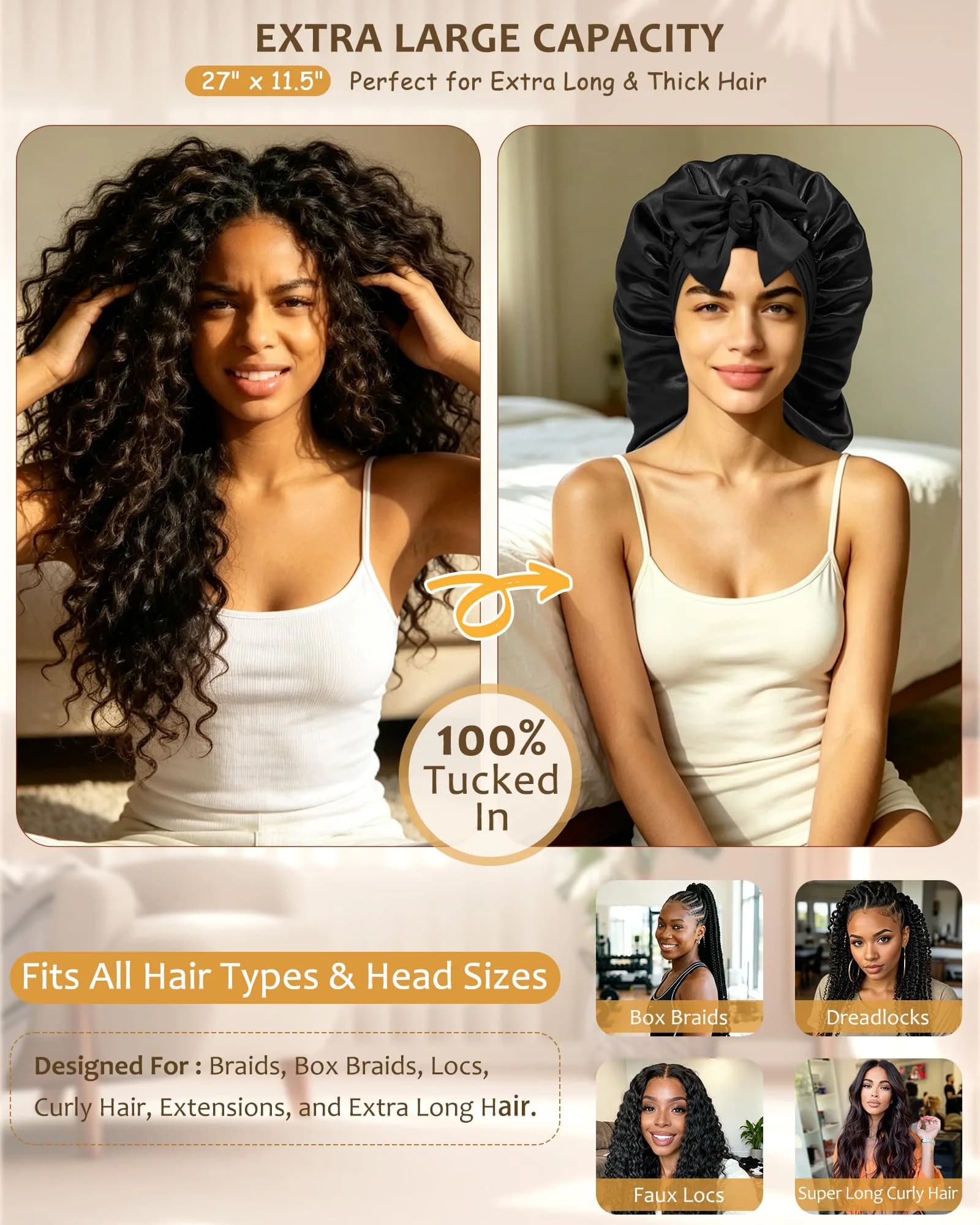 AWAYTR Black Long Satin Bonnet for Braids - Double Layer Hair Bonnet with Straps, 27in - view 2