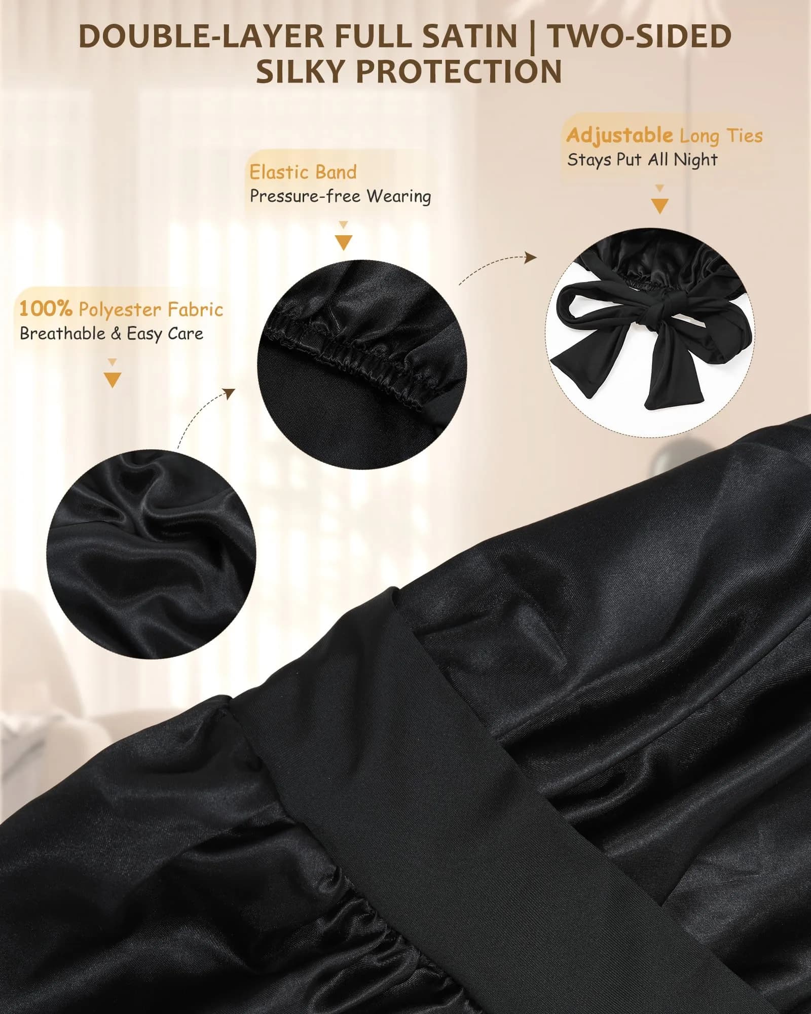 AWAYTR Black Long Satin Bonnet for Braids - Double Layer Hair Bonnet with Straps, 27in - view 3