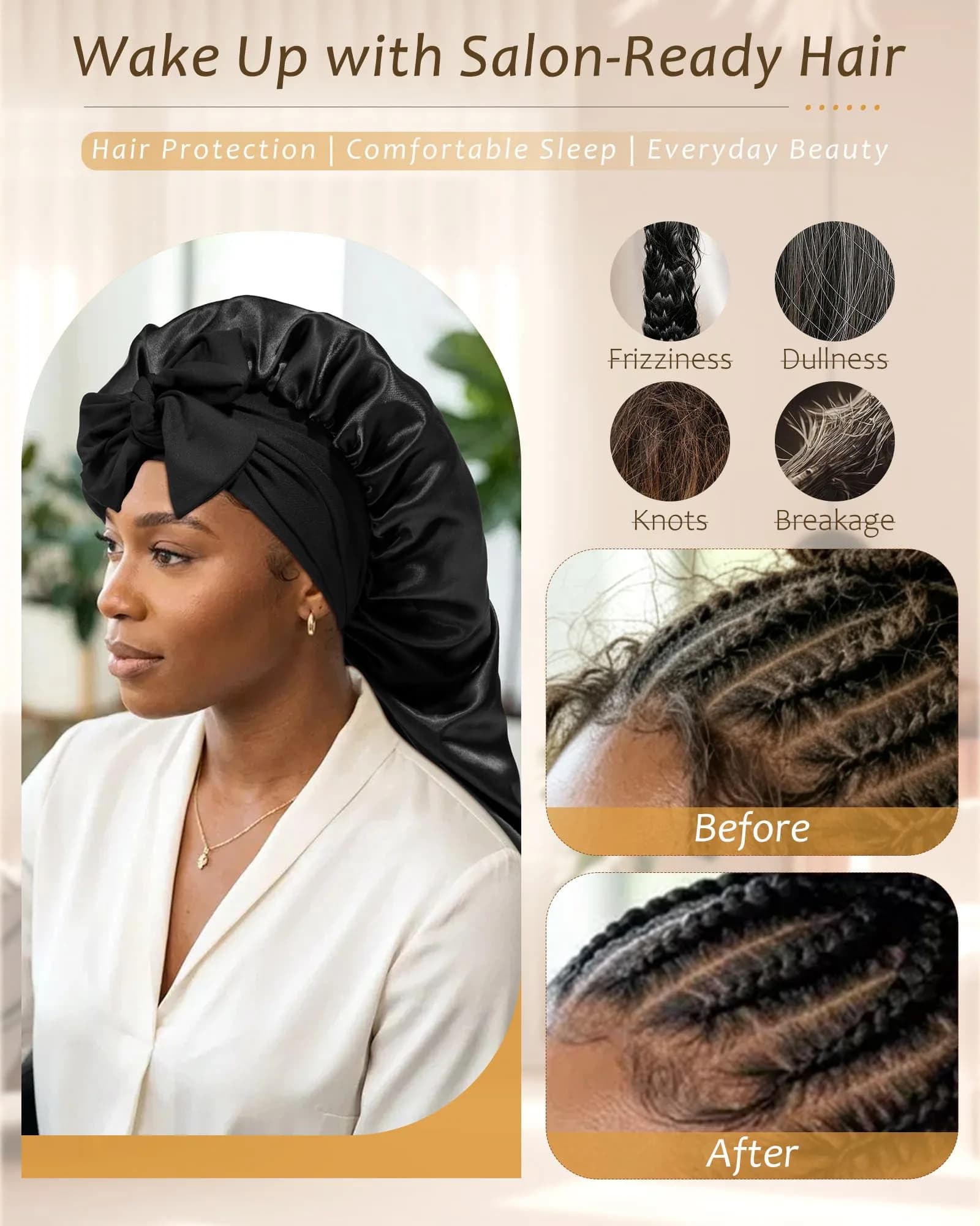 AWAYTR Black Long Satin Bonnet for Braids - Double Layer Hair Bonnet with Straps, 27in - view 4