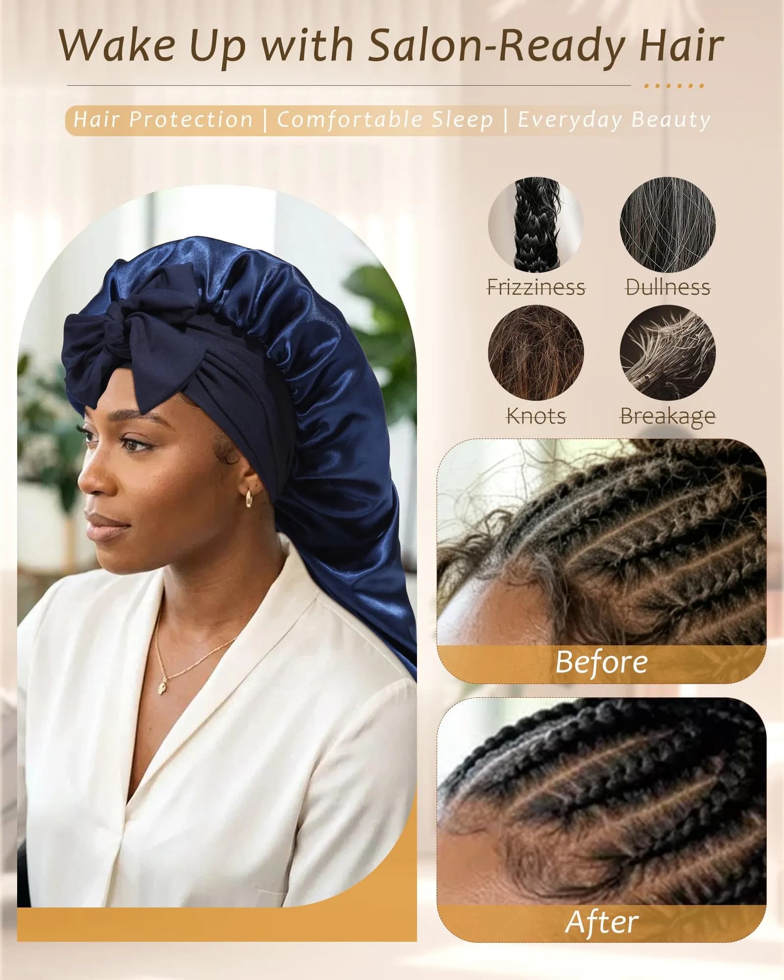 AWAYTR Navy Blue Long Satin Bonnet for Braids - Double Layer with Straps, 27in - view 4