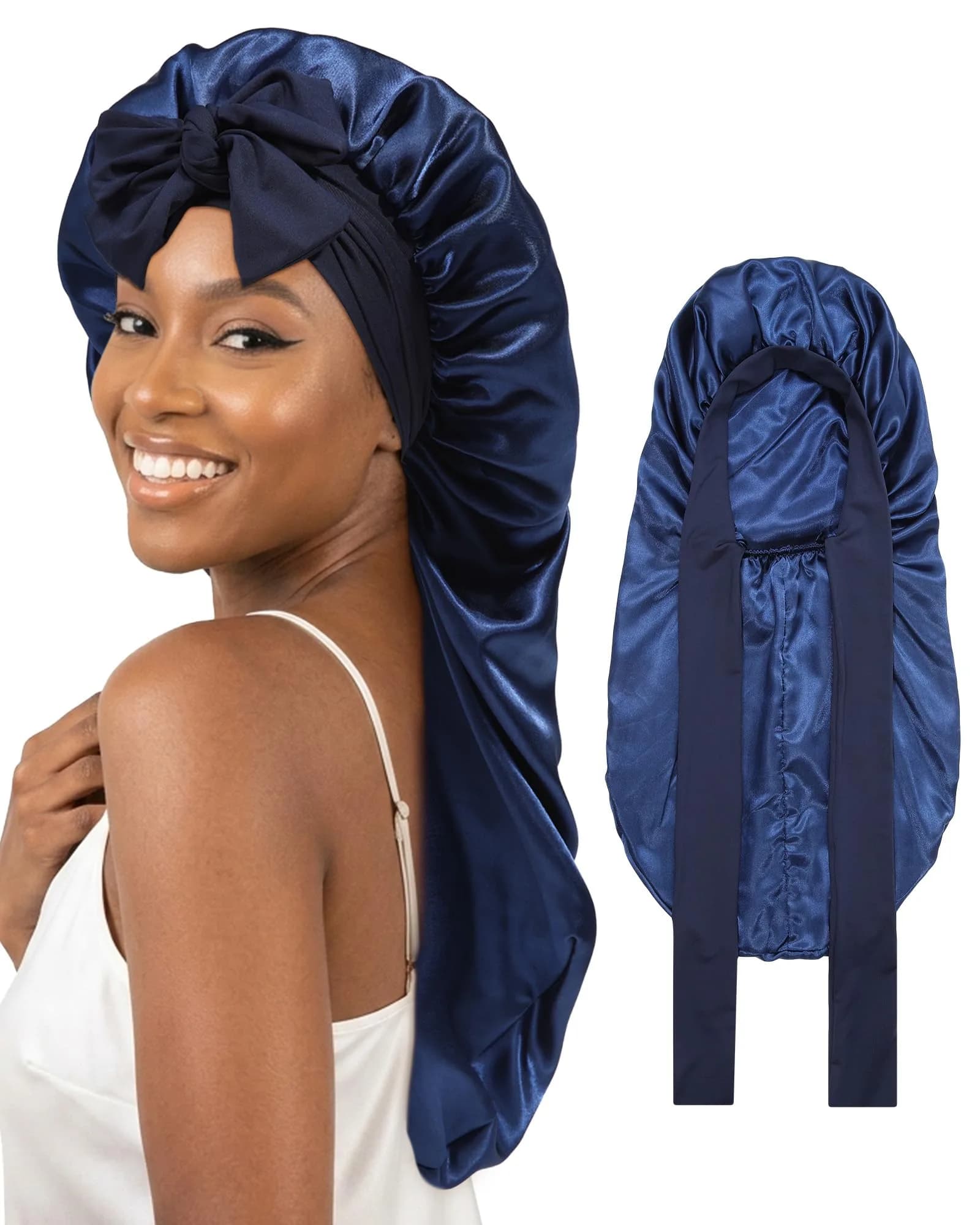 AWAYTR Navy Blue Long Satin Bonnet for Braids - Double Layer with Straps, 27in - main product image