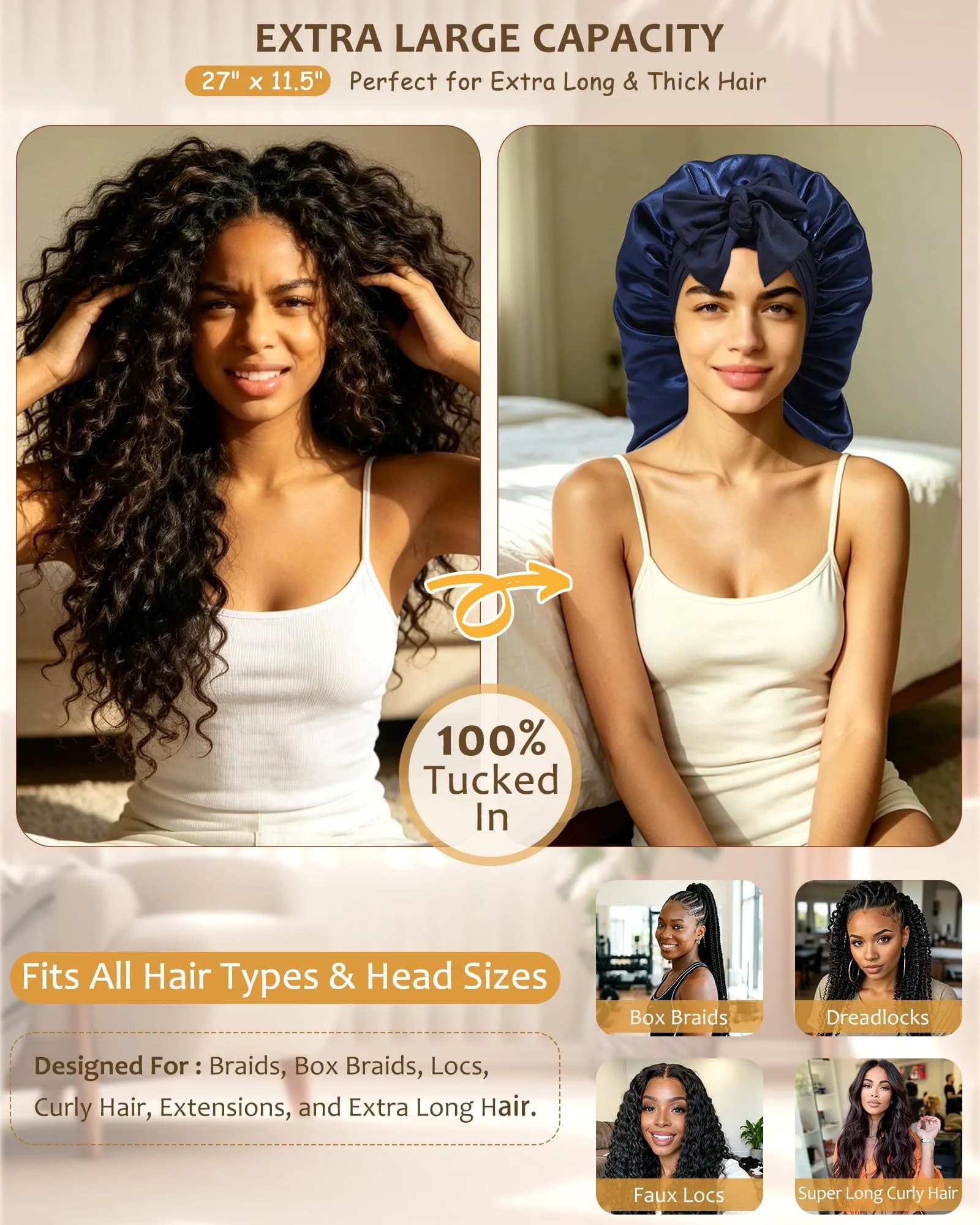 AWAYTR Navy Blue Long Satin Bonnet for Braids - Double Layer with Straps, 27in - view 2