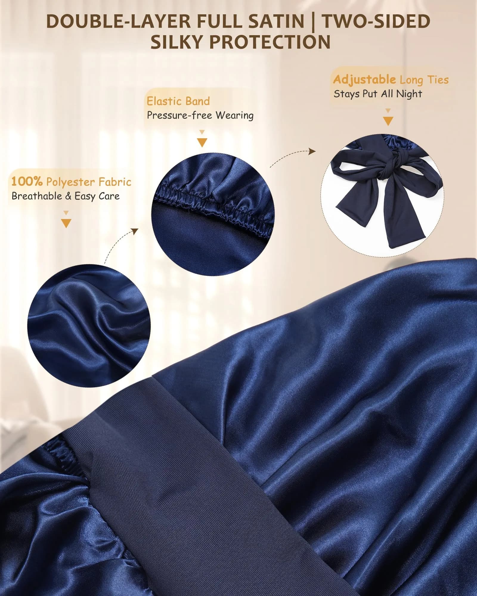 AWAYTR Navy Blue Long Satin Bonnet for Braids - Double Layer with Straps, 27in - view 3