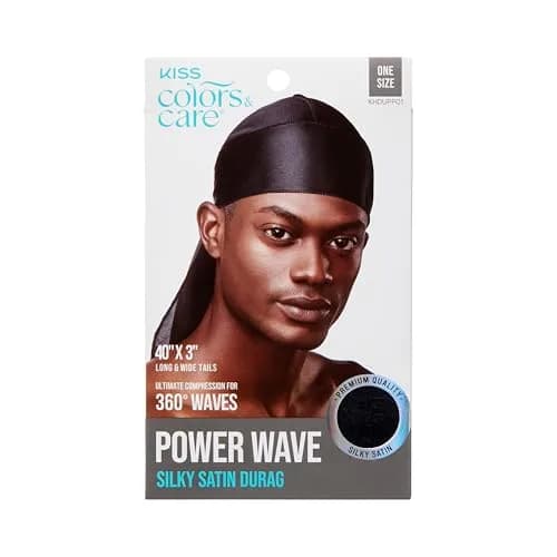 KISS COLORS & CARE Power Wave Silky Satin Durag Black | Breathable Premium Fabric thumbnail 1
