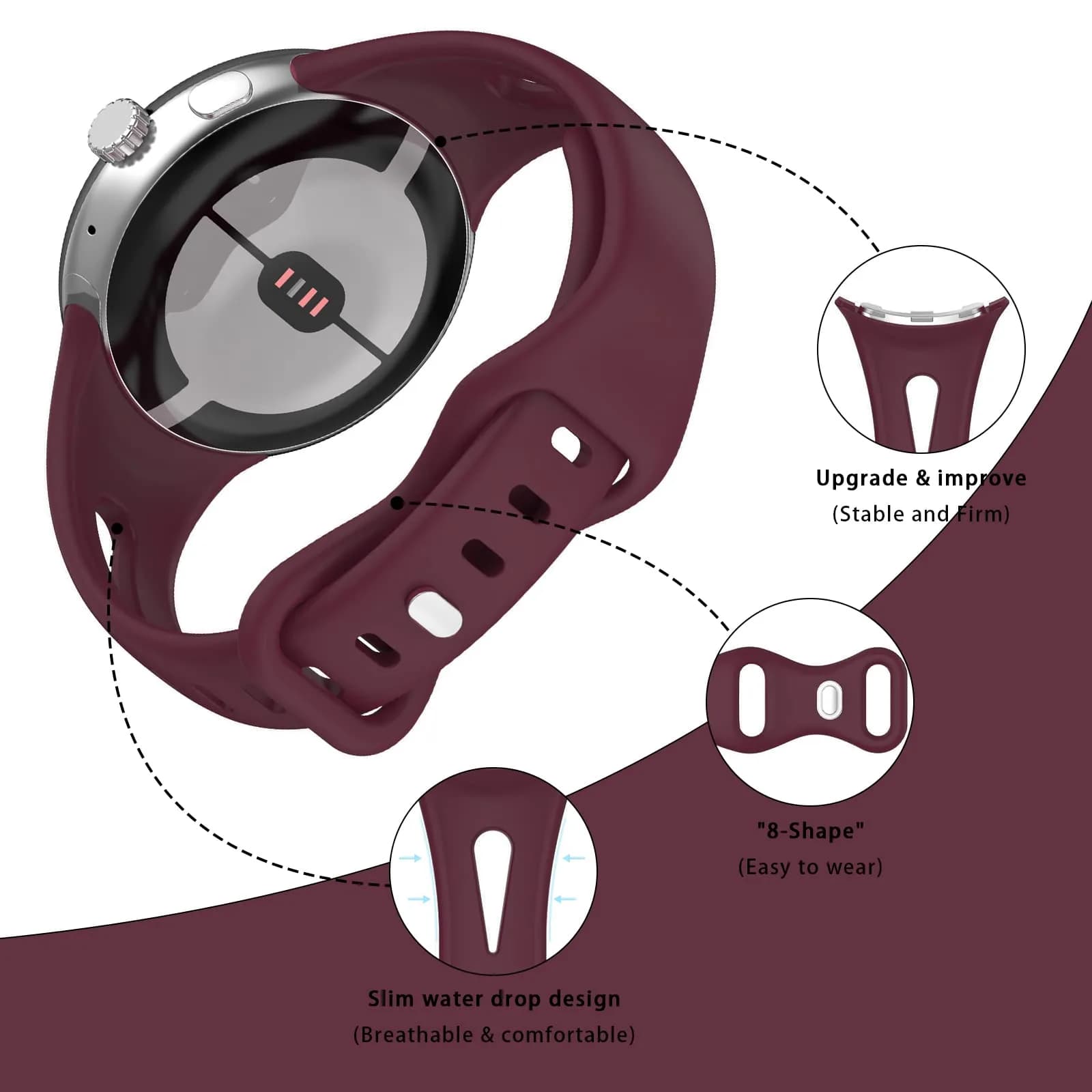 Eiavike Slim Silicone Watch Band for Google Pixel Watch 4/3/2/1 (41mm) - Burgundy, 22mm | Breathable & Adjustable Sport Strap - view 2