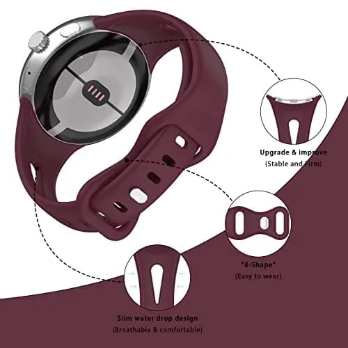 Eiavike Slim Silicone Watch Band for Google Pixel Watch 4/3/2/1 (41mm) - Burgundy, 22mm | Breathable & Adjustable Sport Strap thumbnail 2