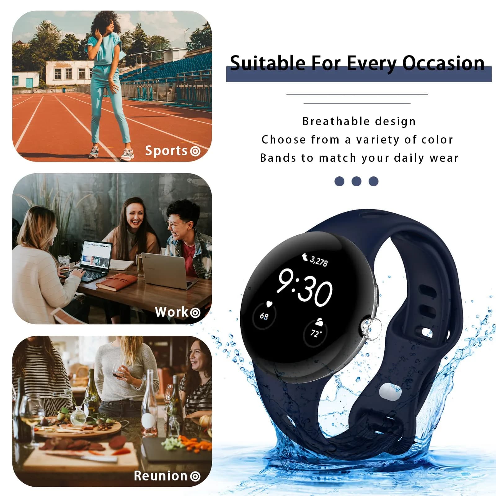 Eiavike Slim Silicone Sport Band for Google Pixel Watch 4/3/2/1 (41mm) Midnight Blue | Adjustable & Breathable Wristband - view 6
