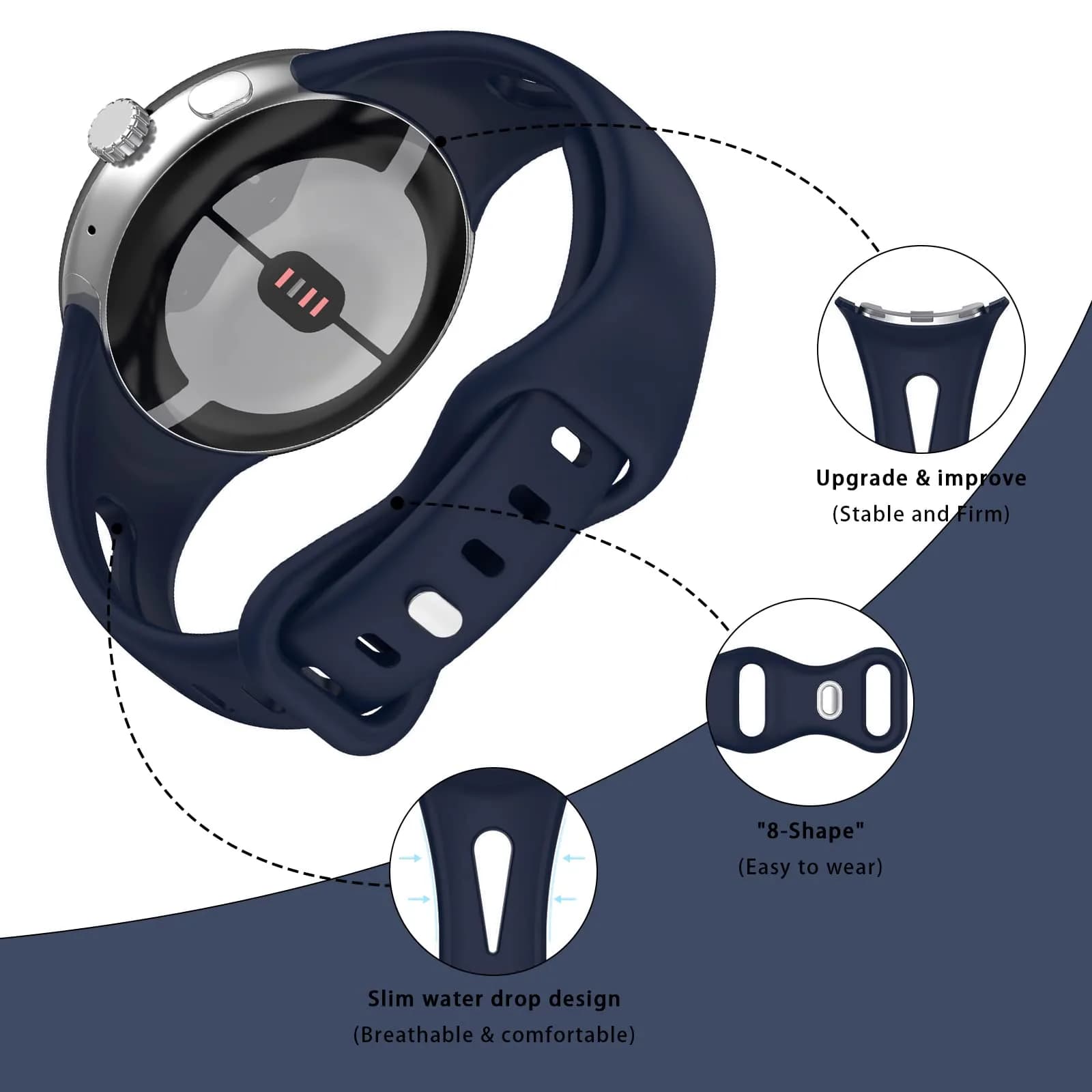 Eiavike Slim Silicone Sport Band for Google Pixel Watch 4/3/2/1 (41mm) Midnight Blue | Adjustable & Breathable Wristband - view 2