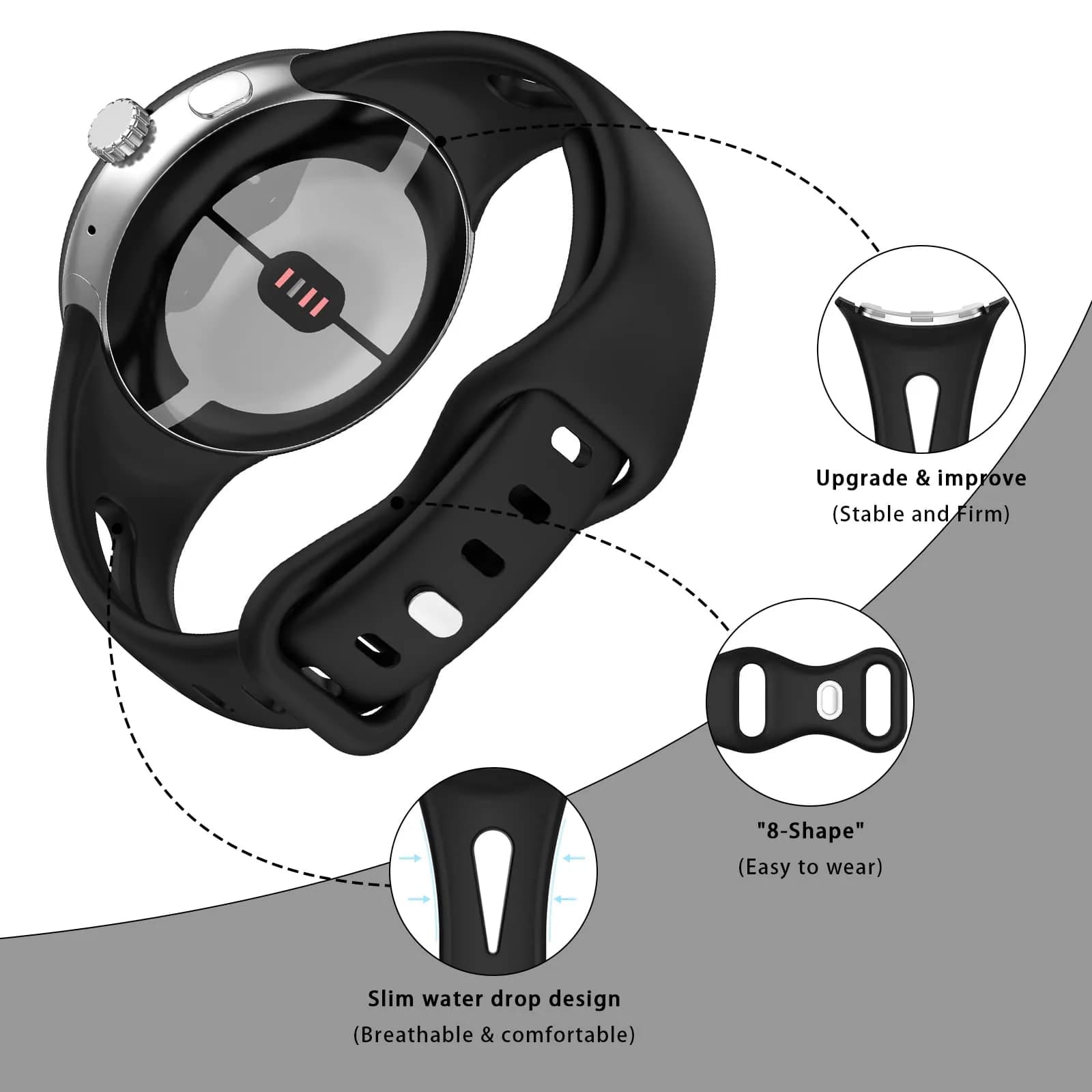 Eiavike Slim Silicone Watch Band for Google Pixel Watch 4/3/2/1 (41mm) - Black, 22mm | Breathable & Adjustable Sport Strap - view 2