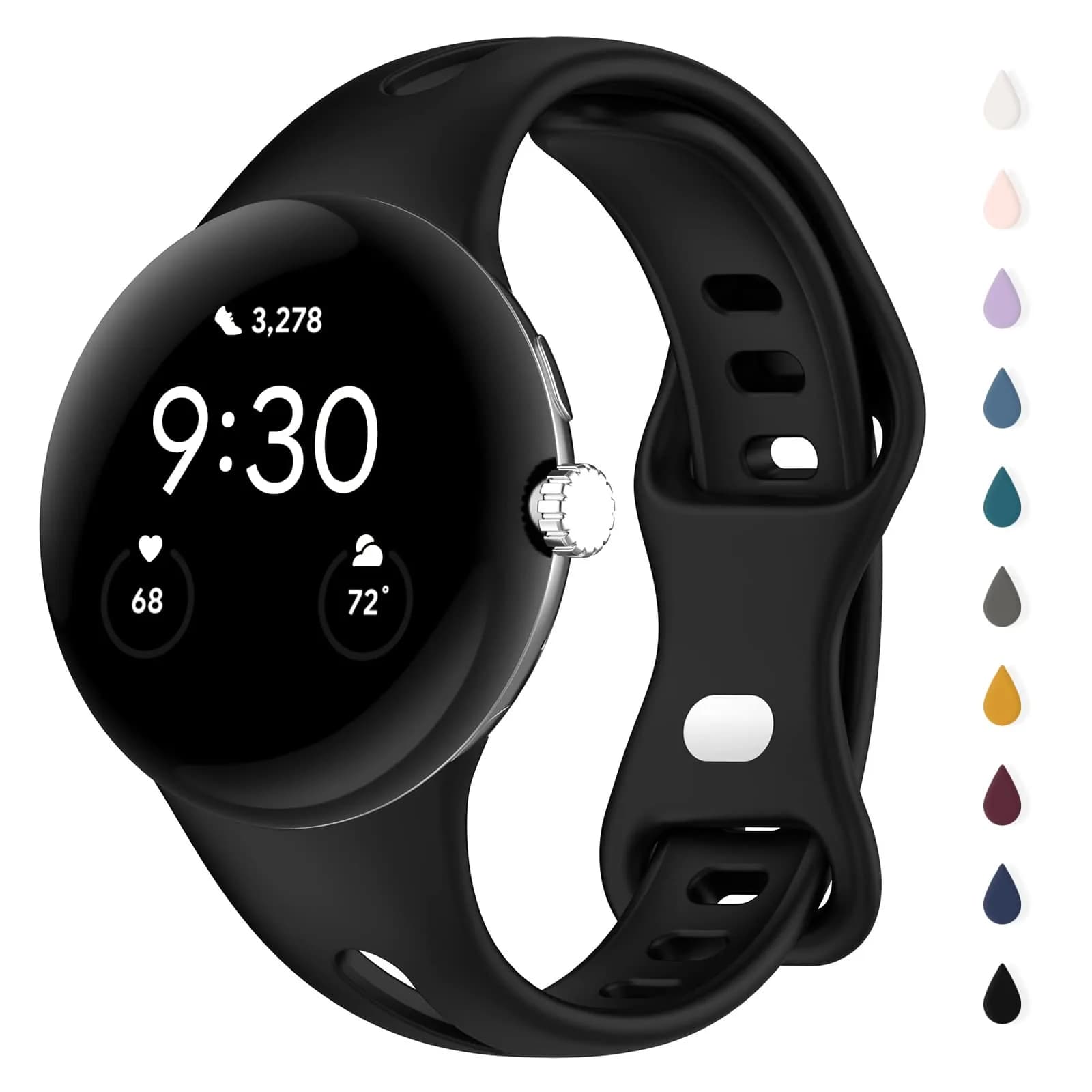 Eiavike Slim Silicone Watch Band for Google Pixel Watch 4/3/2/1 (41mm) - Lavender, 22mm | Breathable & Adjustable Sport Strap — Black
