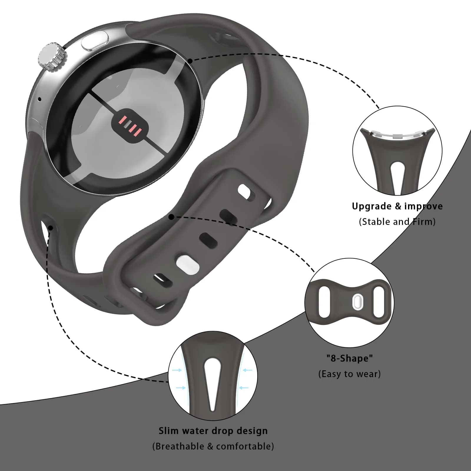 Eiavike Slim Silicone Watch Band for Google Pixel Watch 4/3/2/1 (41mm) - Dark Grey, 22mm | Breathable & Adjustable Sport Strap - view 2